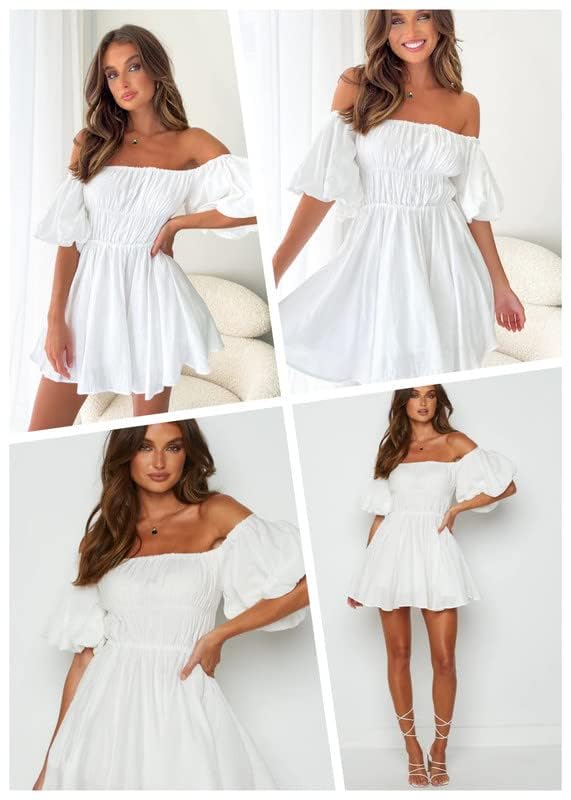 Dokotoo Women's Off The Shoulder Summer Dress 2025 - Short Lantern Sleeve, Ruffle Trim, Elastic Waist A-Line Mini Dress for Casual Wear | Beach, Party & Date Night Outfits