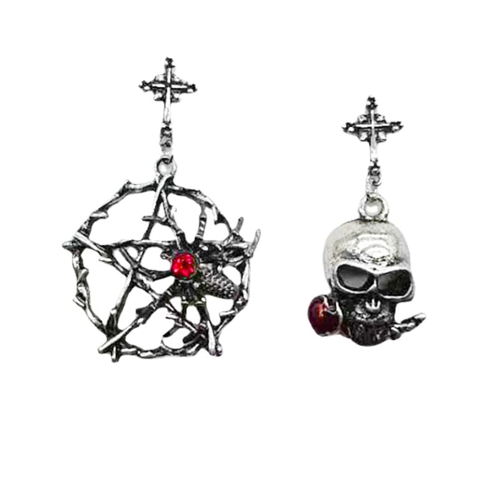 Gothic Skull Bat Pentagram Drop Dangle Earrings - Asymmetric Hoop Earrings for Women | Medieval Renaissance Vintage Jewelry | Perfect for Halloween, Cosplay, and Gothic Fashion