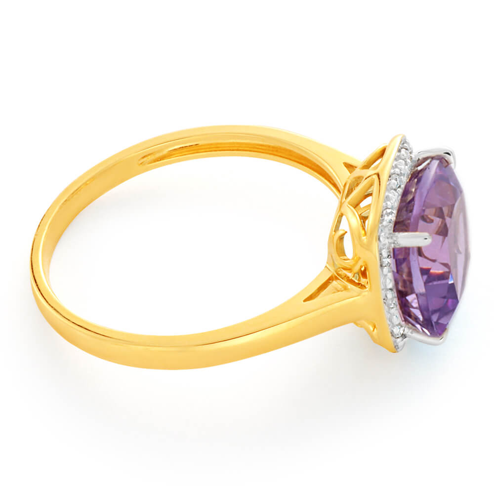 9ct Yellow Gold Amethyst Diamond Ring for Women - Elegant Purple Gemstone Jewelry Gift for Anniversary, Engagement & Special Occasions