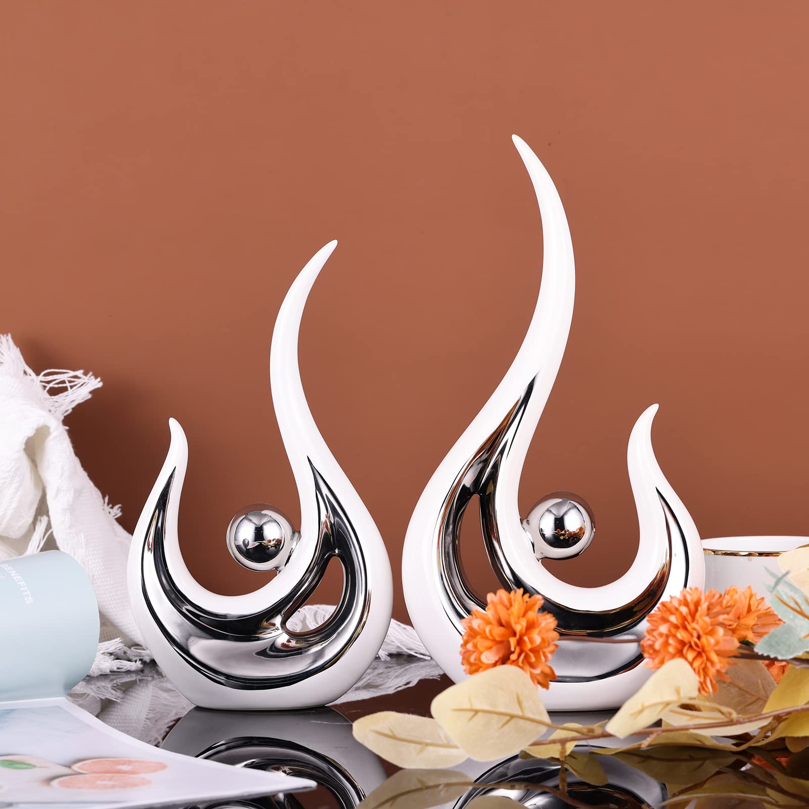White Modern Decor - Elegant Silver Living Room & Dining Room Centerpiece, Abstract Art Statue for Shelf & Table Decor | Perfect for Home Accents, Wedding Gifts & Interior Design Styling