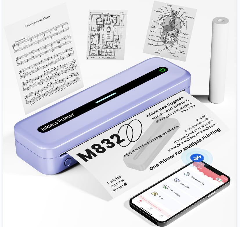 ItriAce A4 Thermal Printer - M832 Bluetooth Wireless Inkless Printer for Office, Home, Study & Travel | Compatible with Laptop, Smartphone & Tablet | Print Labels, Receipts & Documents - Purple