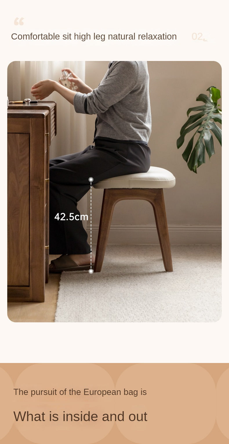 Premium Solid Oak & Black Walnut Wood Makeup Stool - Elegant Vanity Seat with Cushion for Bedroom, Dressing Room & Beauty Salon