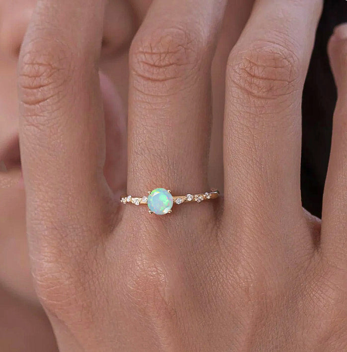 Natural White Opal Round Stone Minimalist Solitaire Ring with Accent Diamonds - Elegant Dainty Jewelry for Women, Perfect for Engagement, Wedding, Anniversary & Everyday Wear