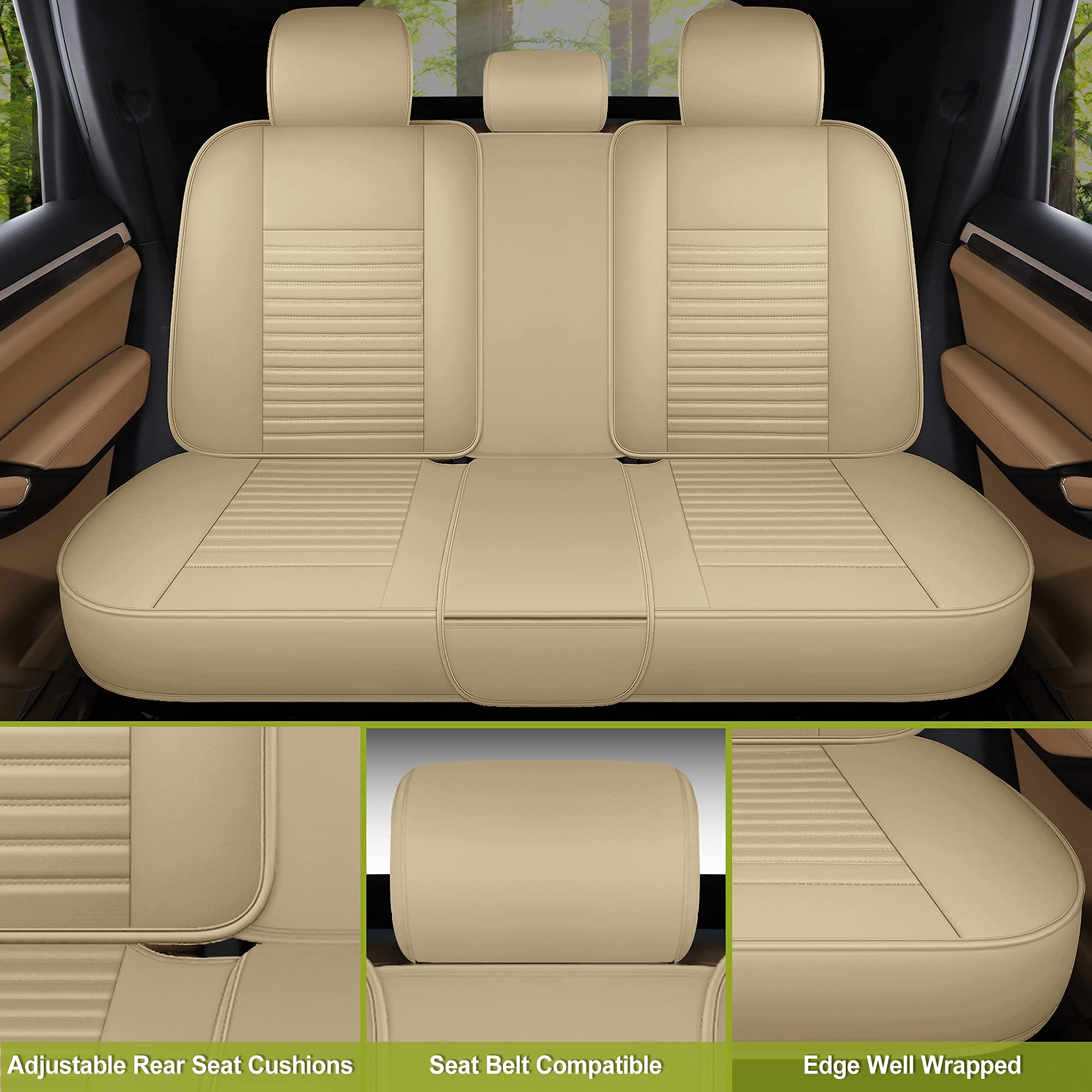 Premium AOOG Leather Car Seat Covers - Universal Fit Leatherette Seat Protectors for Cars, SUVs & Trucks | Non-Slip Auto Interior Accessories (Full Set, Beige) | Perfect for Road Trips, Commuting & Family Protection
