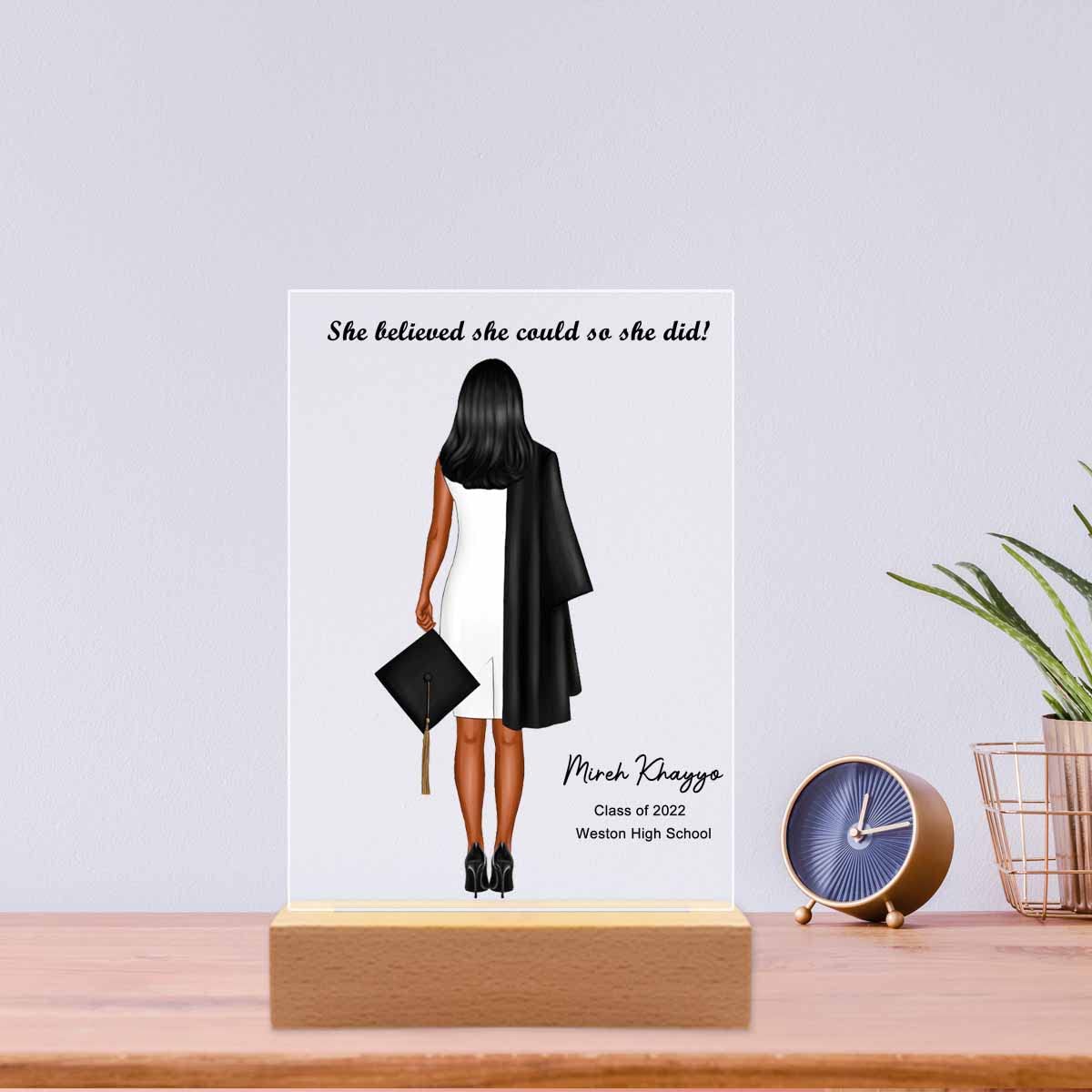 Personalized Graduation Gifts for Women - Custom Acrylic Plaque with Wooden LED Display Base - Perfect for Girlfriend, Daughter, Granddaughter & Friends - Ideal for Dorm Decor, Office Display & Celebration Keepsakes