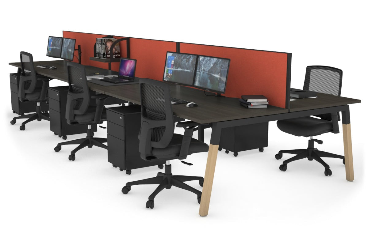 6-Person Quadro A Legs Office Workstation with Wood Legs & Cross Beam - 1600L x 800W with Cable Scallop - Perfect for Open Office Layouts & Collaborative Workspaces