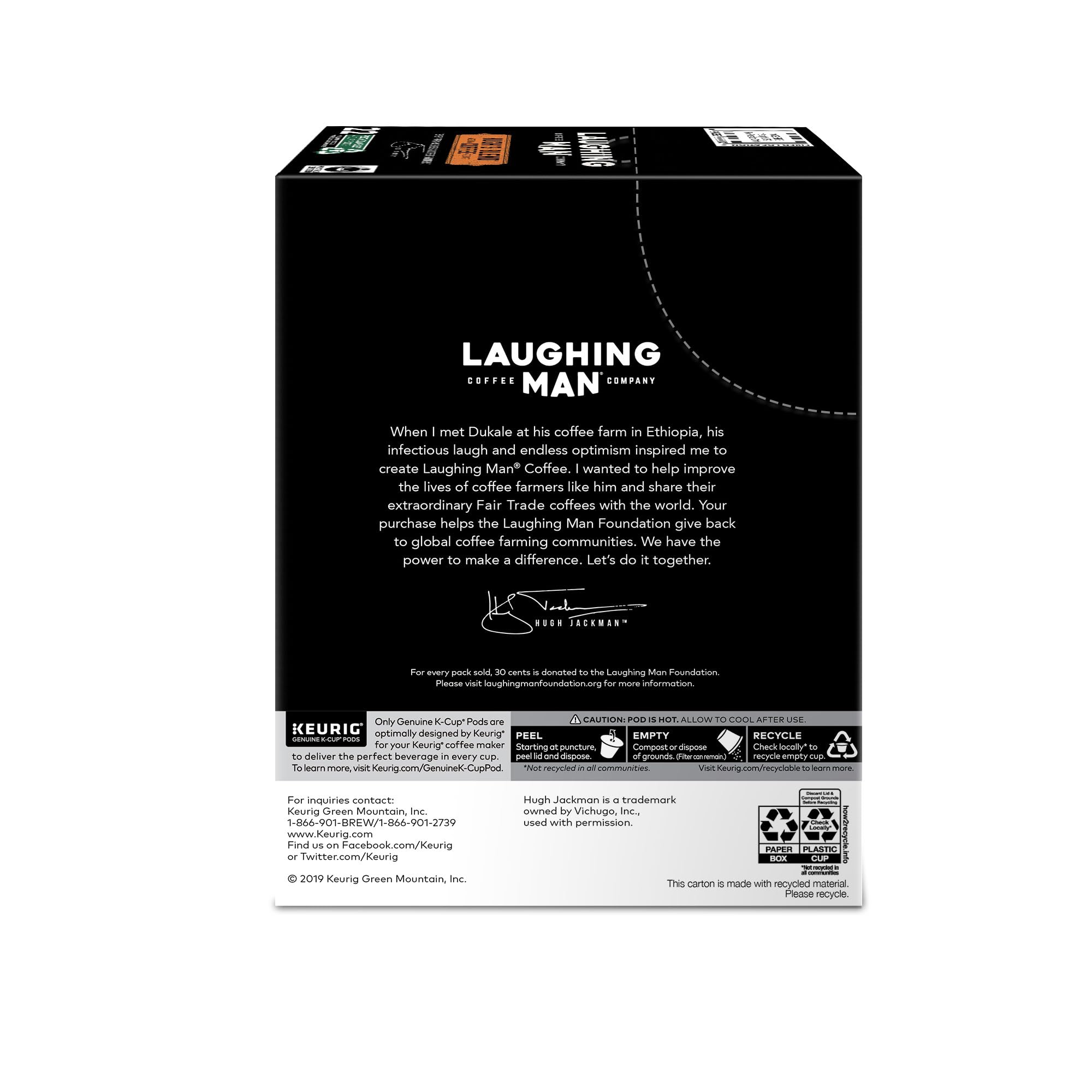 Laughing Man Hugh’s Blend Fair Trade Medium Roast Arabica Coffee Pods - 88 Recyclable K-Cups (4 Packs of 22) for Keurig Single-Serve Coffee Makers | Perfect for Home, Office & Morning Brews