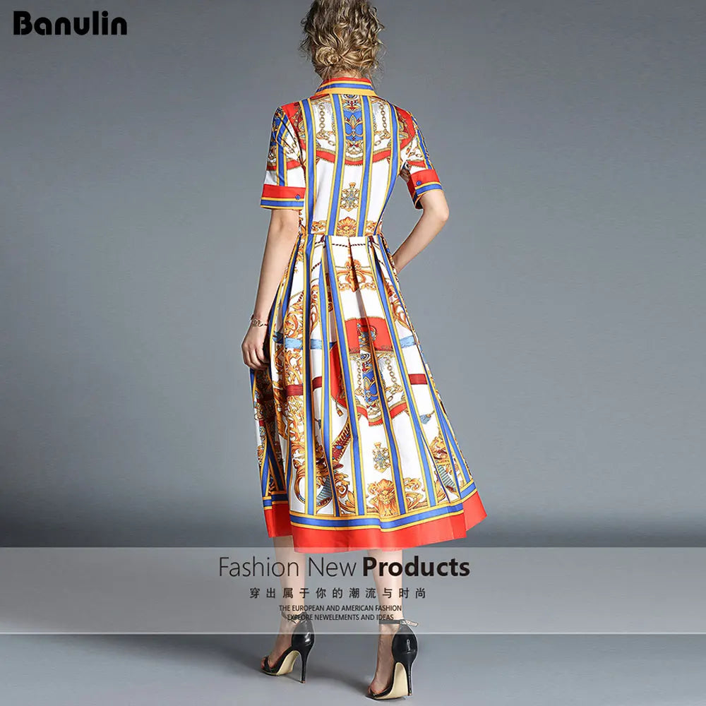 Banulin Women's Summer Short Sleeve Collar Stripe Printed Bow Midi Dress - 2020 Newest Runway Designer Fashion for Beach, Party & Casual Wear