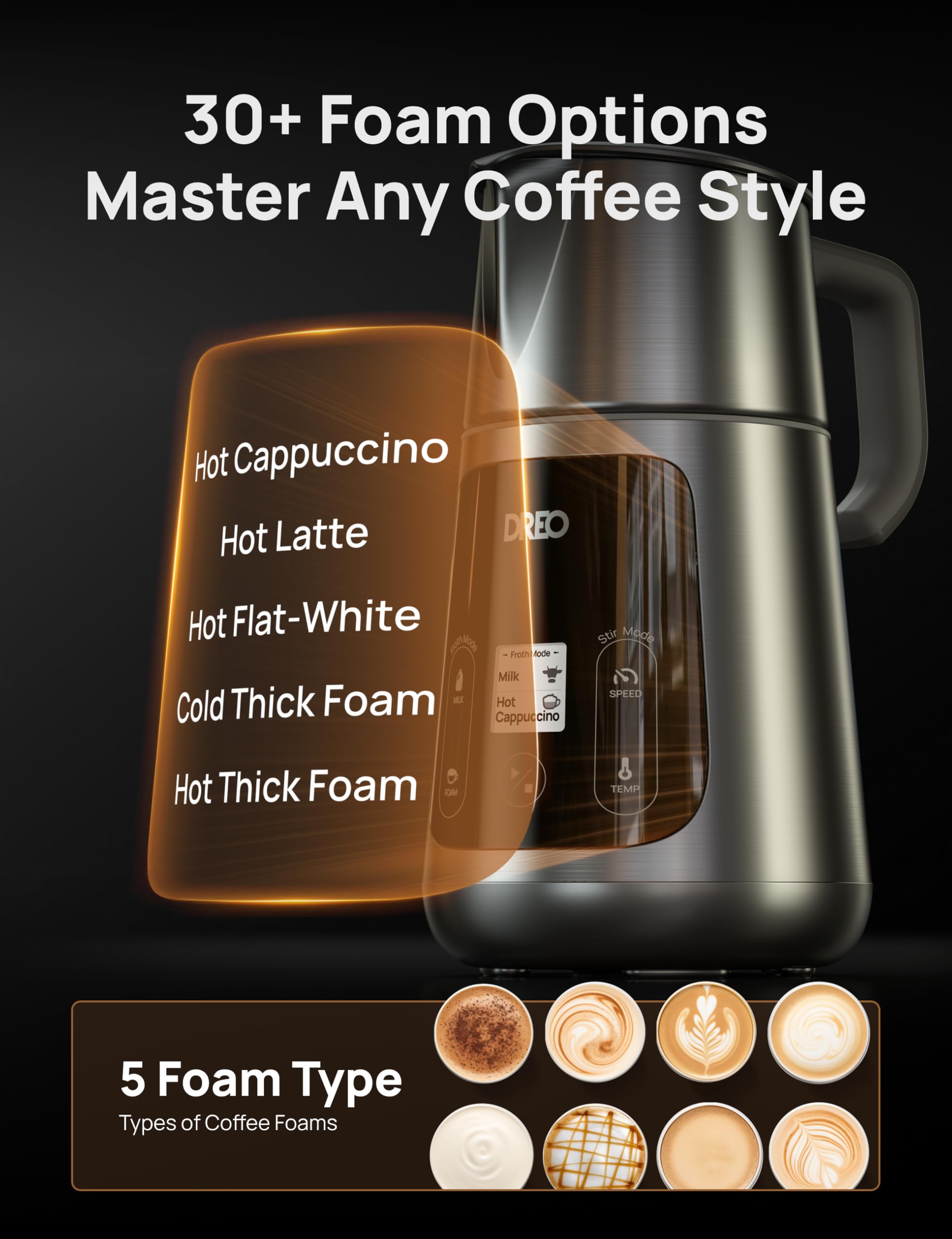 Dreo All-in-1 BaristaMaker Electric Milk Frother and Warmer - 15oz/450ml Automatic Coffee Frother for Latte Art, Cappuccino, Hot Chocolate - Works with Dairy & Plant-Based Milk - Dishwasher Safe - Perfect for Home Baristas, Coffee Shops & Office Use