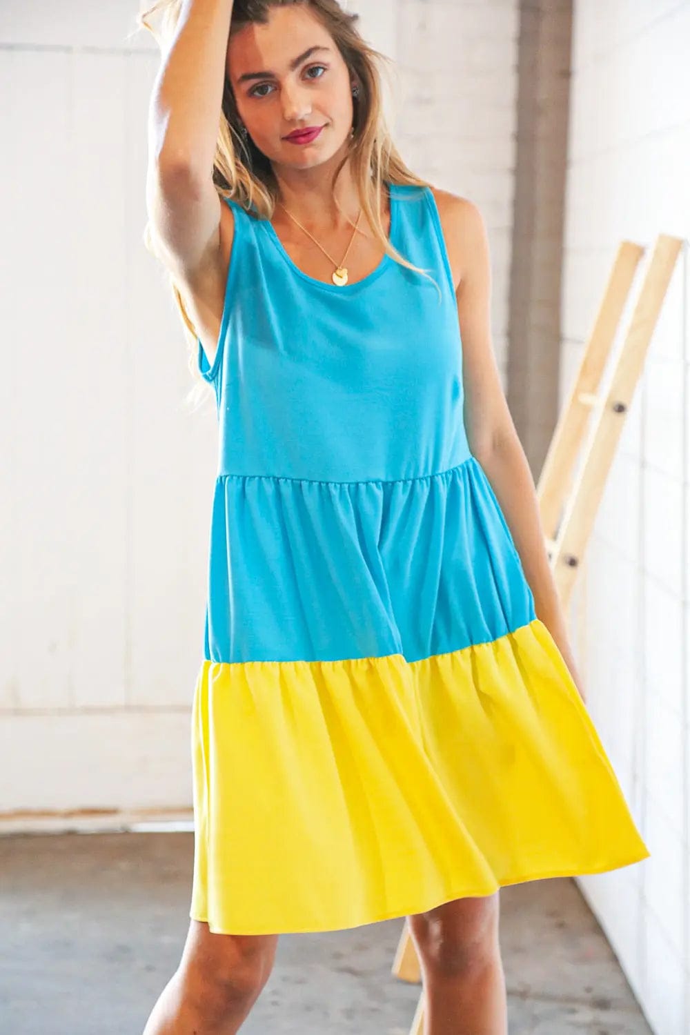Blue Flare Color Block Tiered Woven Dress for Women - Summer Boho Maxi Dress with Pockets, Beach Wedding Guest Outfit, Vacation & Party Wear