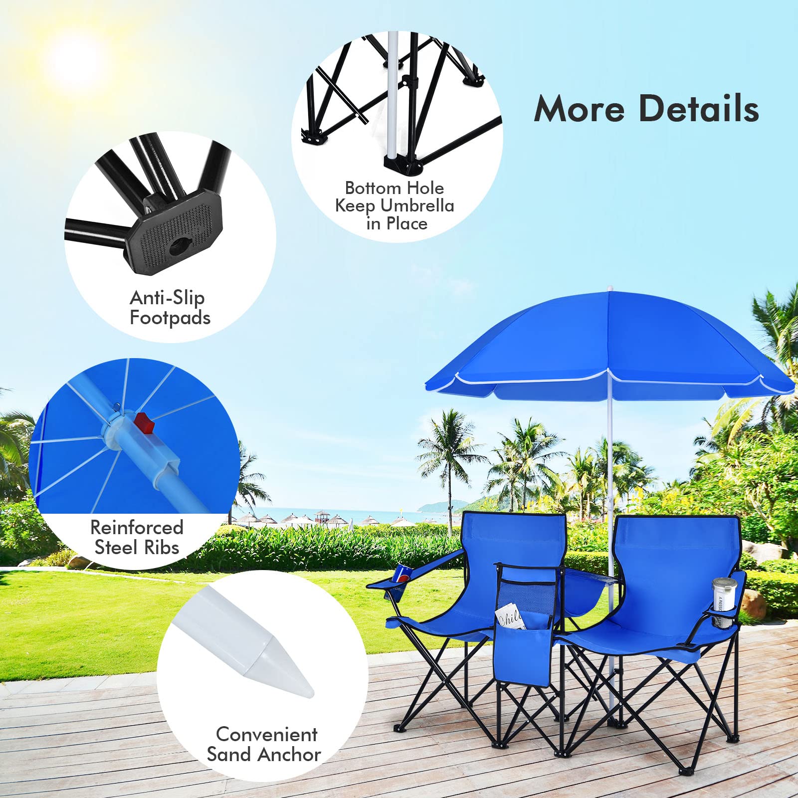 **LUARANE Folding Double Camping Chair with Removable Umbrella & Mini Table - Portable Outdoor Loveseat for Picnics, Beach, Pool, Park, and Backyard - Includes Cup Holder & Carrying Bag (Blue)**    **Perfect for Couples, Beach Lounging, Camping Trips, and Outdoor Gatherings!**
