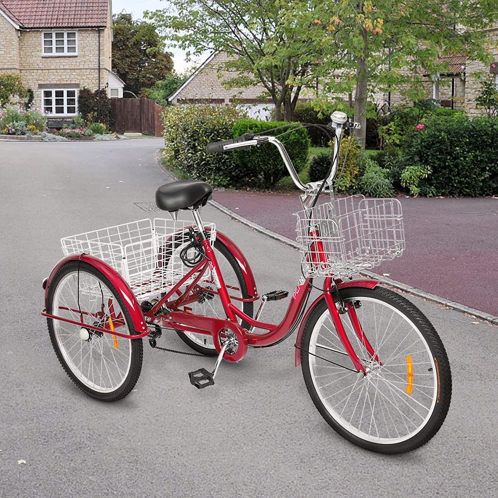 PEXMOR 24/26 Inch 7-Speed Adult Tricycle for Women, Men & Seniors - 3 Wheel Cruiser Bike with Folding Front & Rear Basket - Perfect for Shopping, Recreation, Picnics & Outdoor Activities