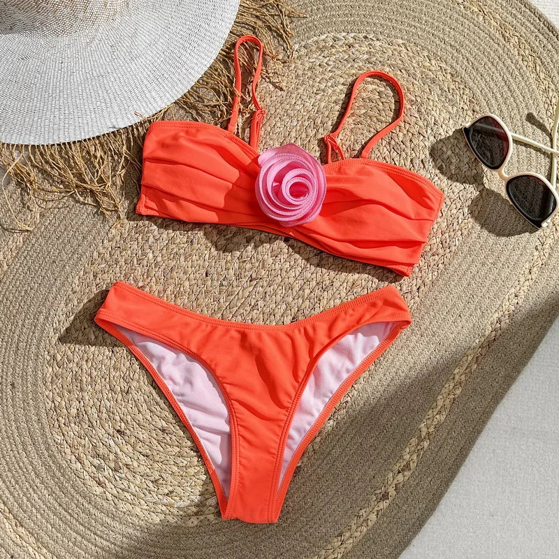 3D Floral Bandeau Bikini Set 2024 - Sexy Women's Swimwear Brazilian Thong Bathing Suit for Beach & Pool - Sizes S-XL | Perfect for Summer Vacations, Beach Parties & Tropical Getaways