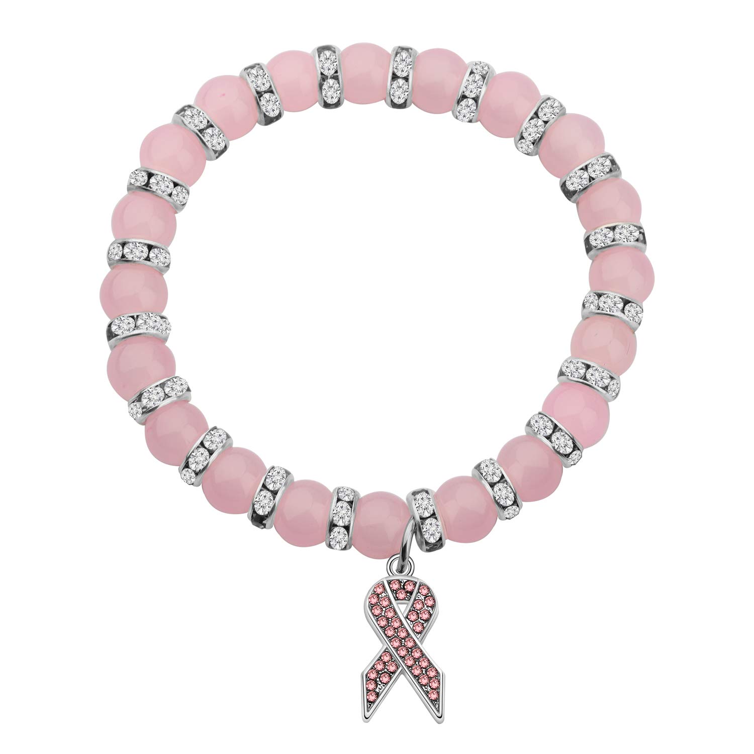 Pink Rhinestone Ribbon Charm Bead Bracelet for Breast Cancer Awareness - Inspirational Support Gift for Survivors, Fighters & Loved Ones - Perfect for Fundraisers, Awareness Events & Daily Wear