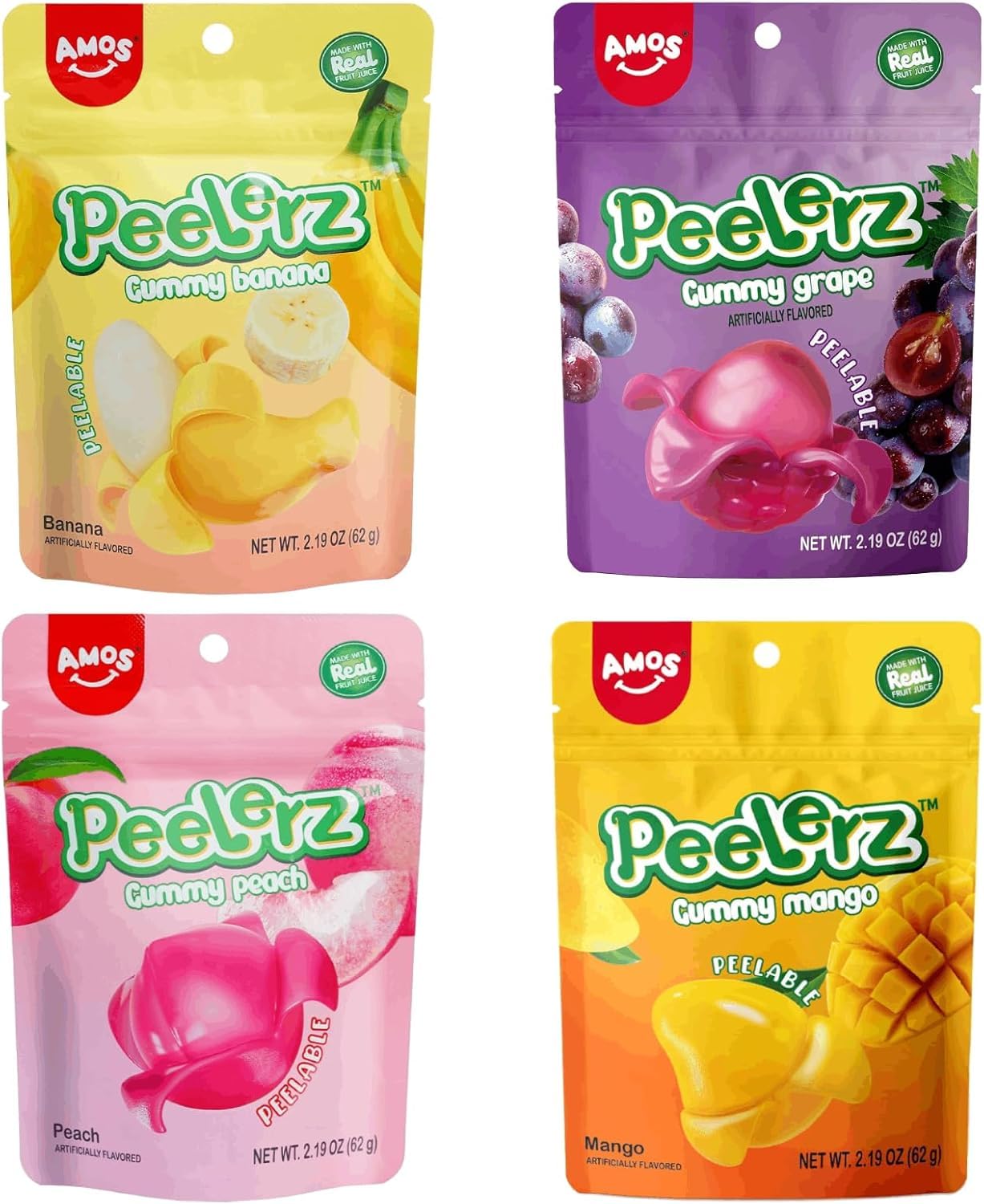 Amos Peelerz Gummy Peeling Candy - Assorted Fruit Flavors, Peelable Fruit Snacks, Resealable 2.19oz Bags (4 Pack) - Perfect for Lunchboxes, Party Favors & On-the-Go Snacking
