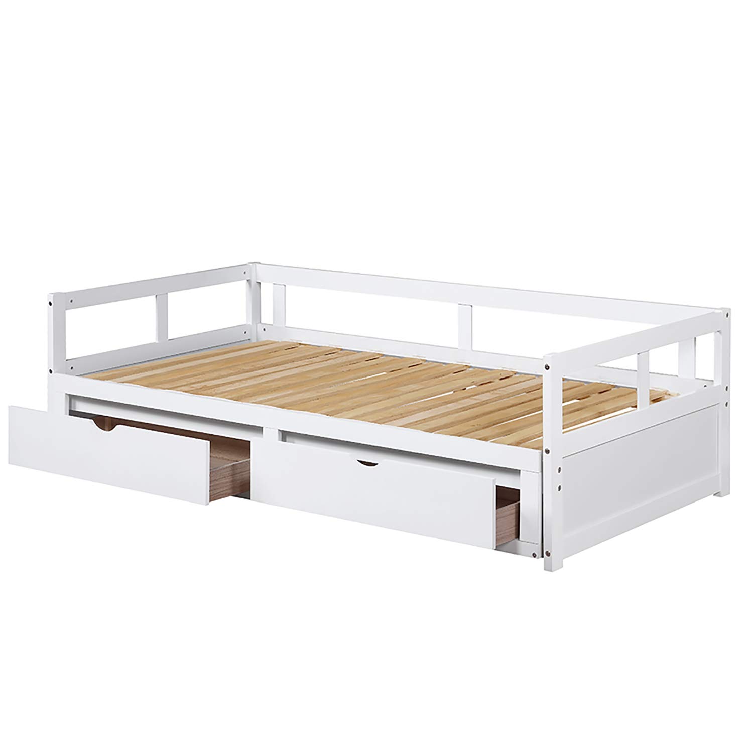 Twin Daybed with Trundle & 2 Storage Drawers - White Wooden Extendable Sofa Bed for Small Spaces, Guest Room & Living Room - Perfect for Sleepovers, Home Office & Multi-Purpose Furniture