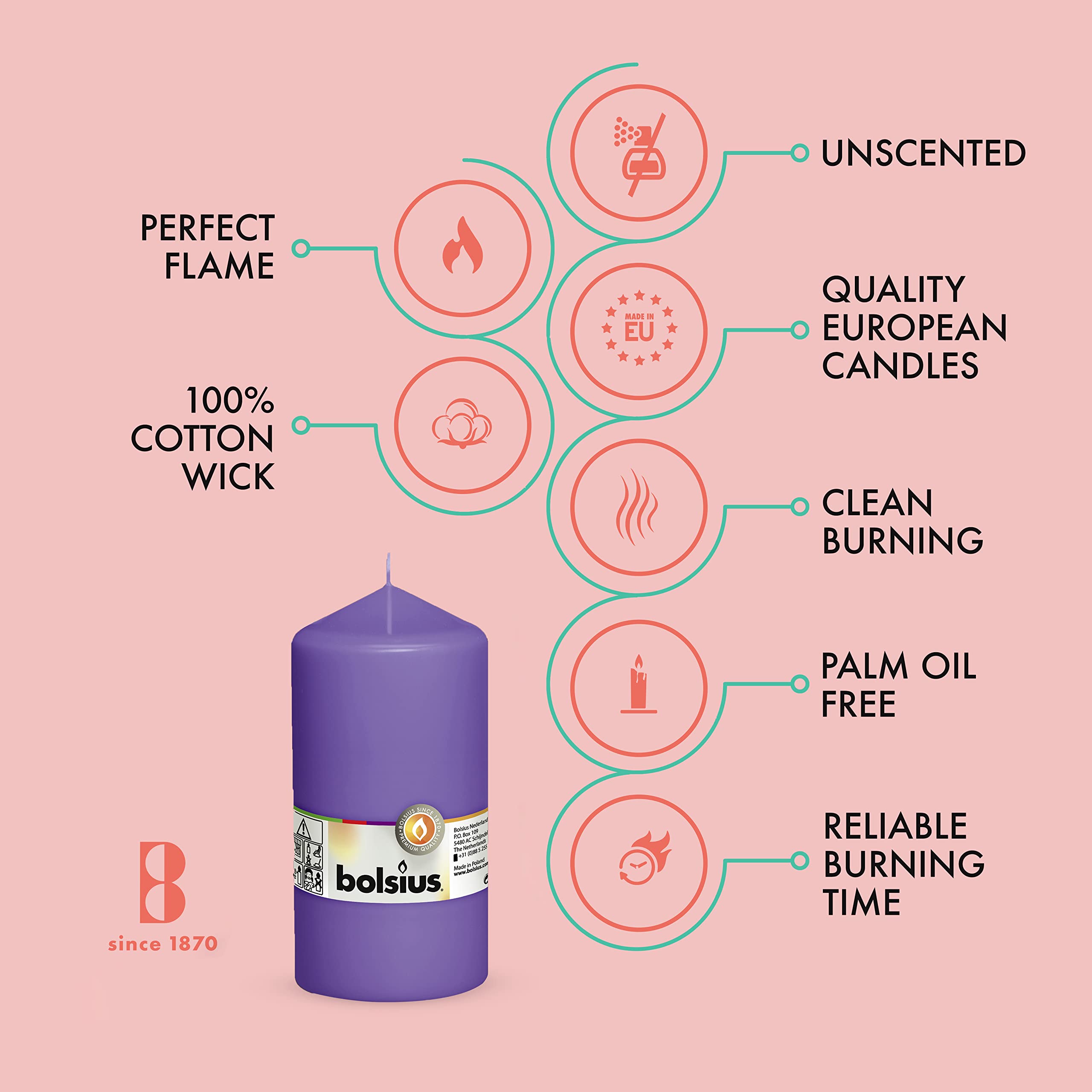 BOLSIUS 4 Purple Pillar Candles 3x6 Inches - Premium European Quality Unscented Candles - 65+ Hours Burn Time, Dripless & Smokeless - Perfect for Wedding Centerpieces, Dinner Parties, Home Decor & Romantic Ambiance