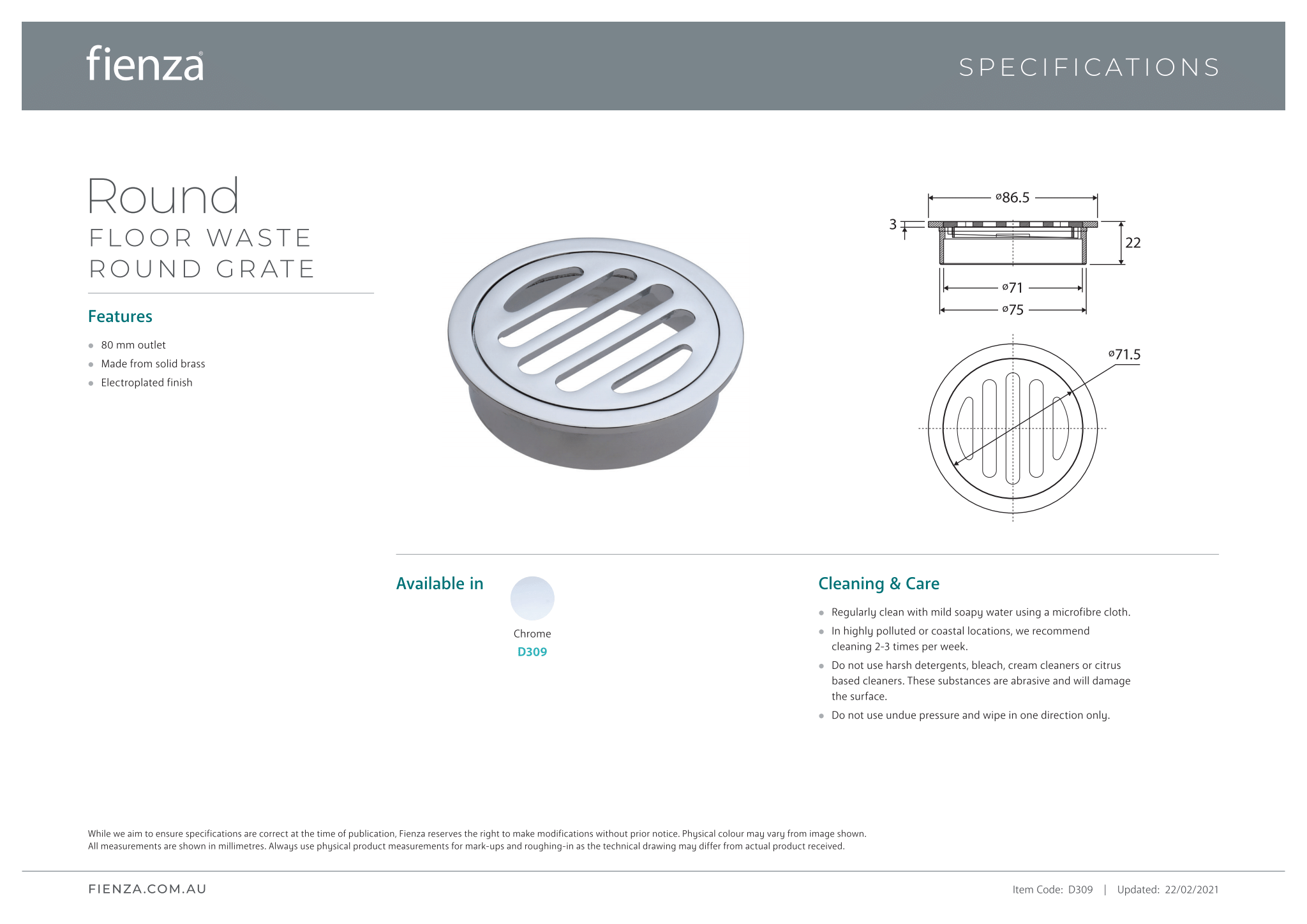 Fienza D309 80mm Round Floor Waste Drain with Chrome Grate - Bathroom & Shower Drainage Solution for Home & Commercial Use