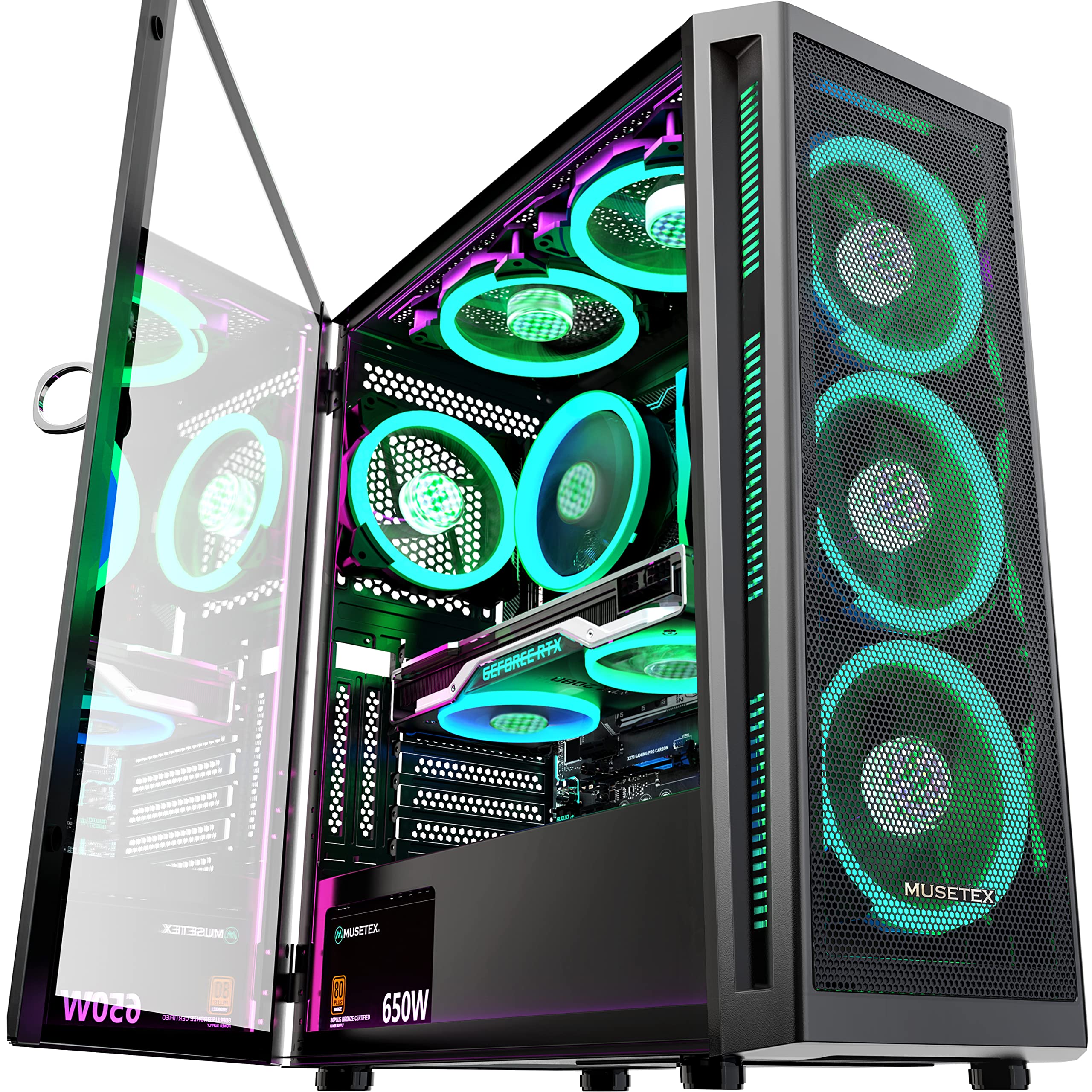 MUSETEX ATX Mid Tower Gaming PC Case with 6 Pre-Installed PWM ARGB Fans, Tempered Glass Side Panel & Mesh Front Panel - Perfect for Gaming Rigs, Streaming Setups & High-Performance Computers (Model TW8)