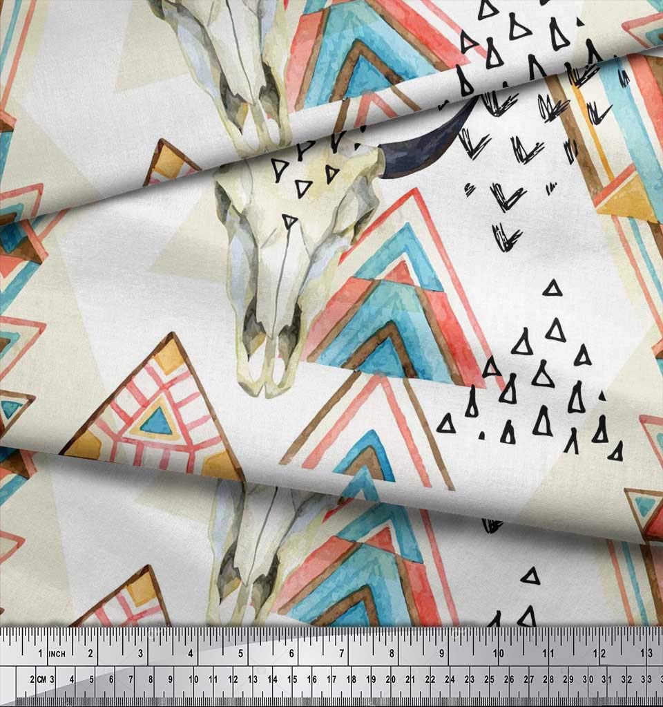Soimoi Moss Georgette Brown Fabric by The Yard - 42 Inch Wide Printed Fabric with Triangle & Animal Face Geometric Pattern - Trendy Fashion Material for Dresses, Scarves, DIY Projects & Home Decor