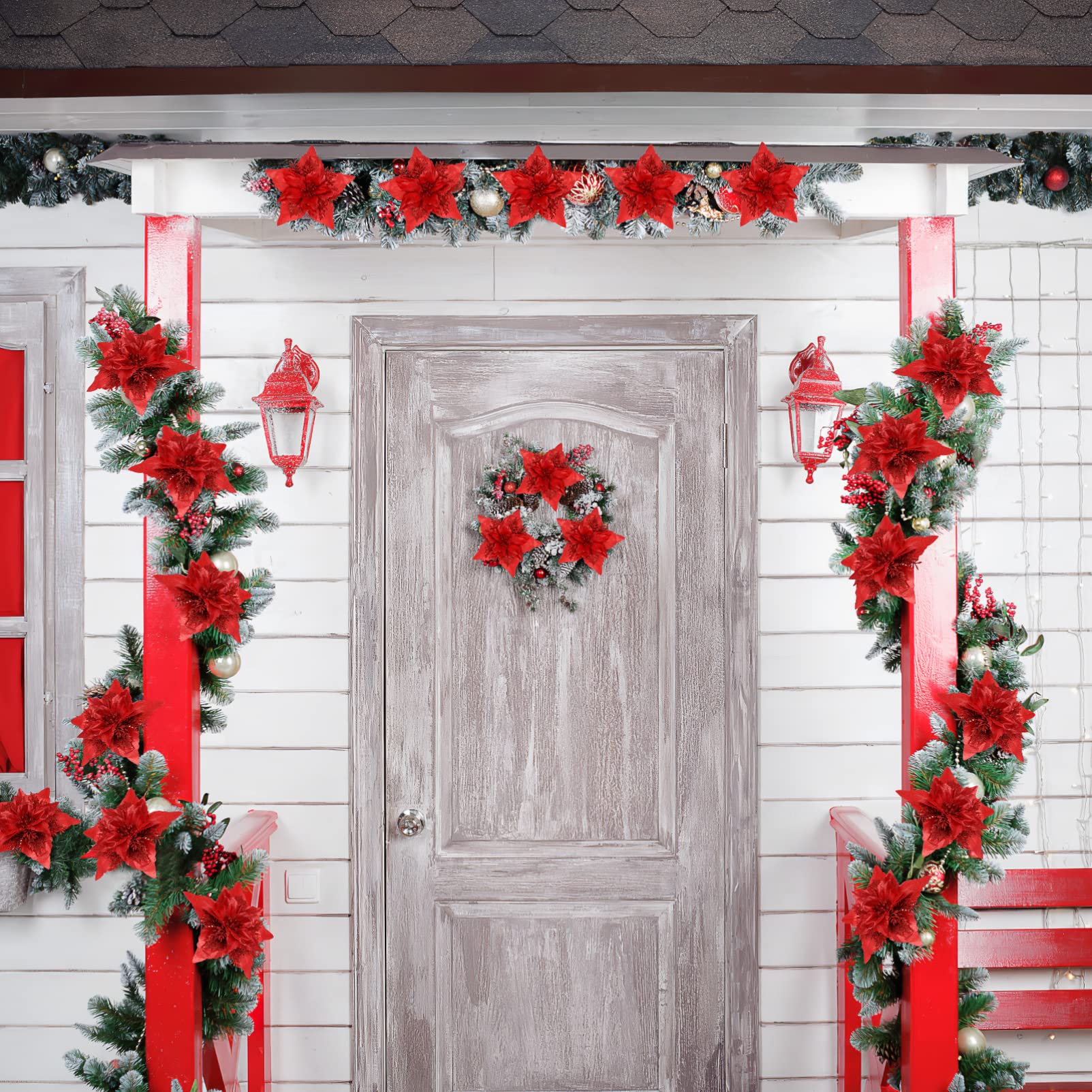 12 Pcs Christmas Glitter Poinsettia Flowers Decor - 7 Inch Artificial Xmas Tree Ornaments with Clips & Stems for Holiday Party, Wedding, New Year, Valentine's Day Decorations - Perfect for Home, Office, and Festive Event Decor