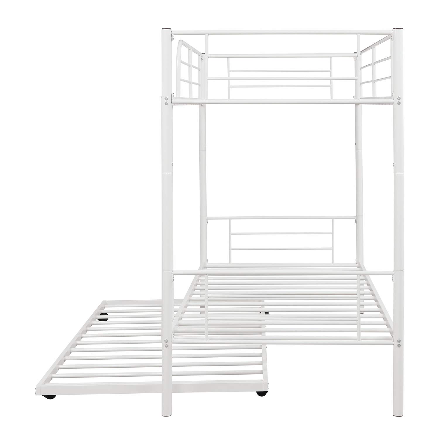 KLMM Heavy Duty Metal Bunk Bed - Twin Over Twin with Trundle, Guardrails & Ladder - Convertible to 2 Separate Beds - No Box Spring Needed - Perfect for Kids' Bedrooms, Guest Rooms & Small Spaces