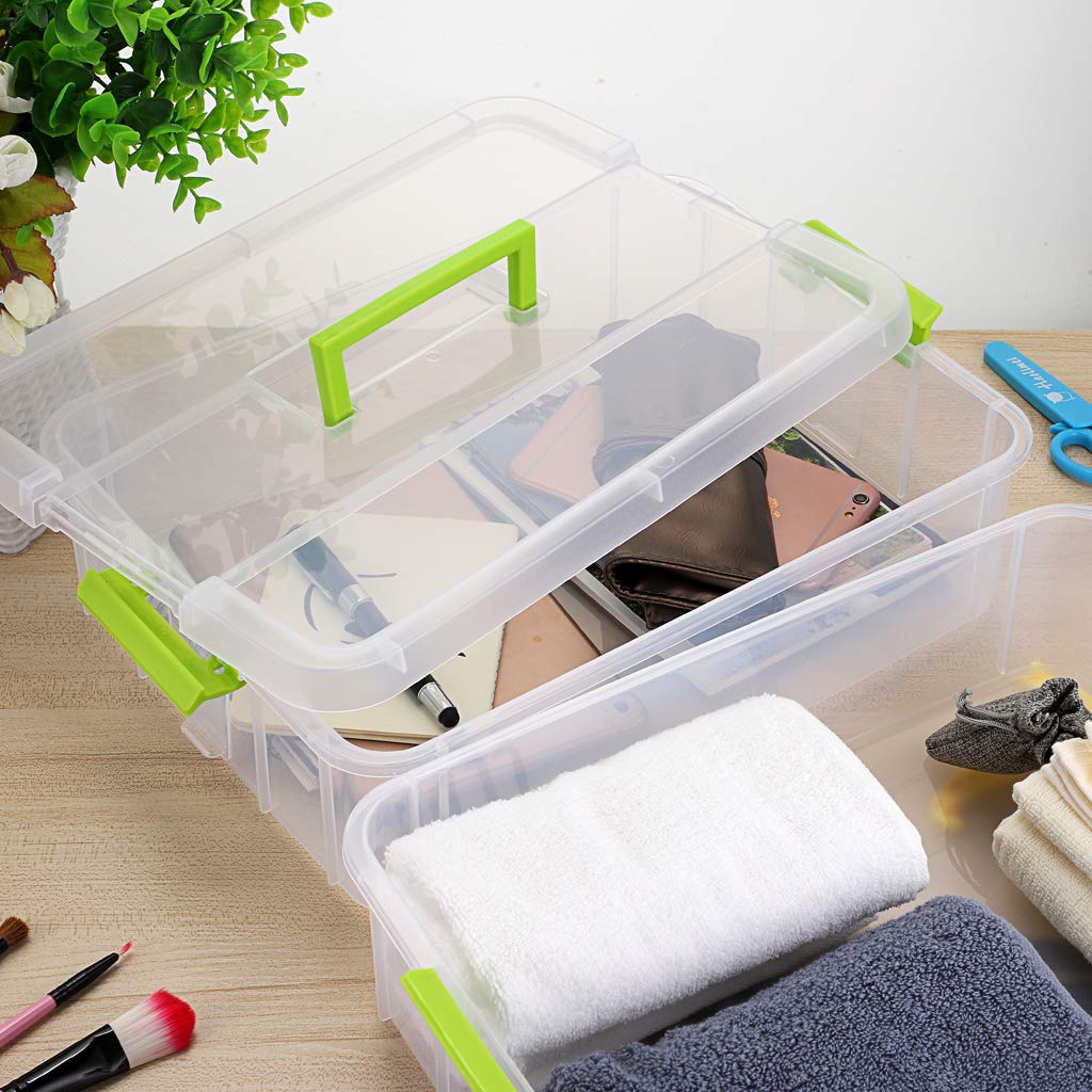 BTSKY 2-Tier Stackable Plastic Storage Box with Handle - Portable Organizer for Stationery, Craft Supplies, Jewelry & Beauty Accessories - Perfect for Home, Office & Travel Organization (Green)