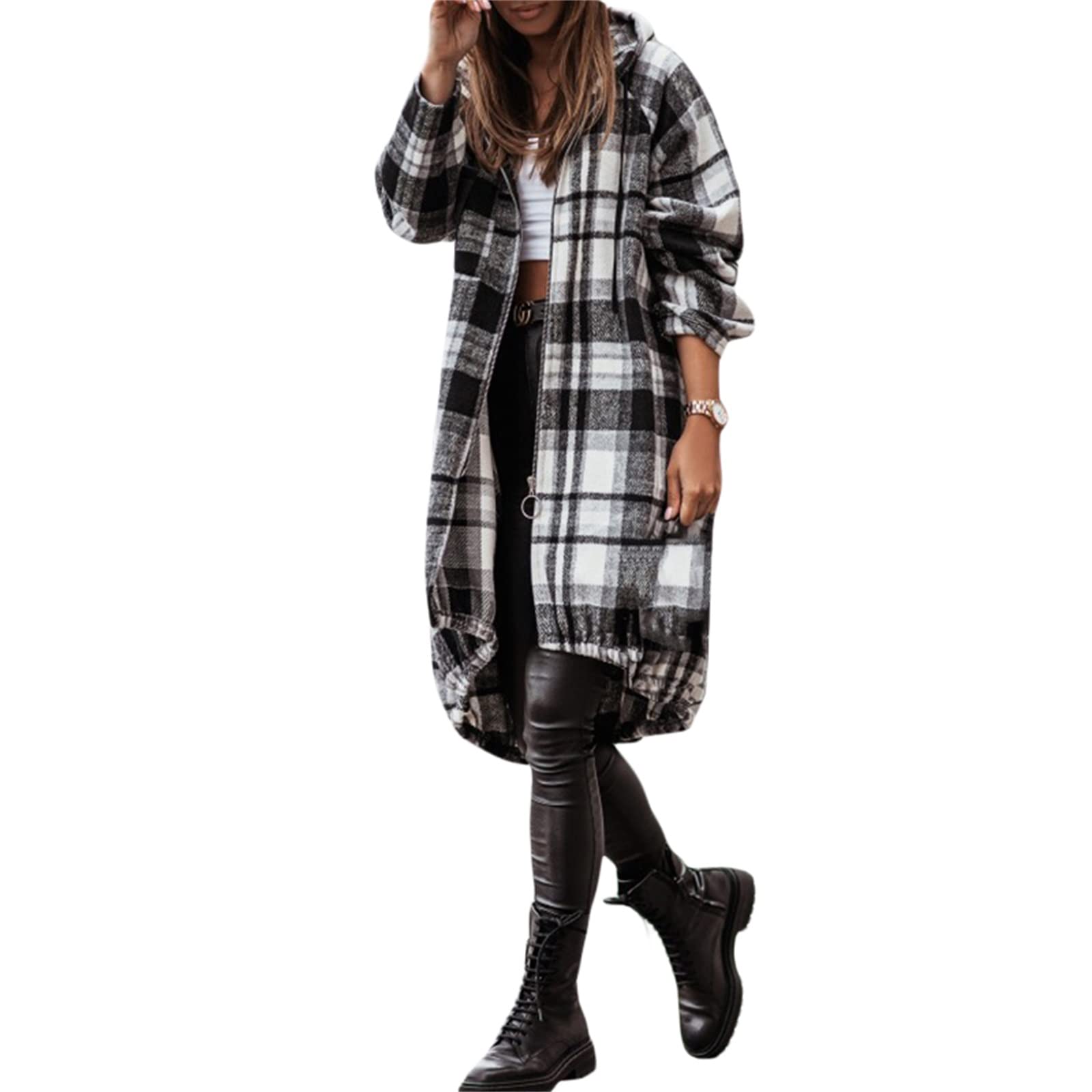 LIOMENGZI Women's Plaid Shirt Jacket with Hood - Long Sleeve Zippered Coat with Pockets, Patchwork Design for Casual Wear, Perfect for Spring & Fall Outfits | Great for Parties, Daily Wear and Outdoor Activities