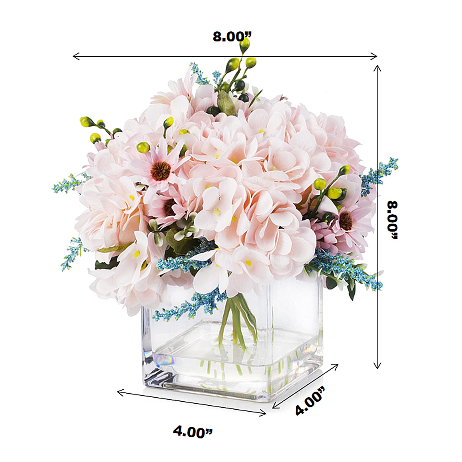 Enova Floral Mixed Artificial Silk Hydrangea Fake Flowers Arrangement in Cube Glass Vase with Faux Water - Pink Home Office Wedding Decor for Table Centerpieces, Party Decorations & Gift Ideas