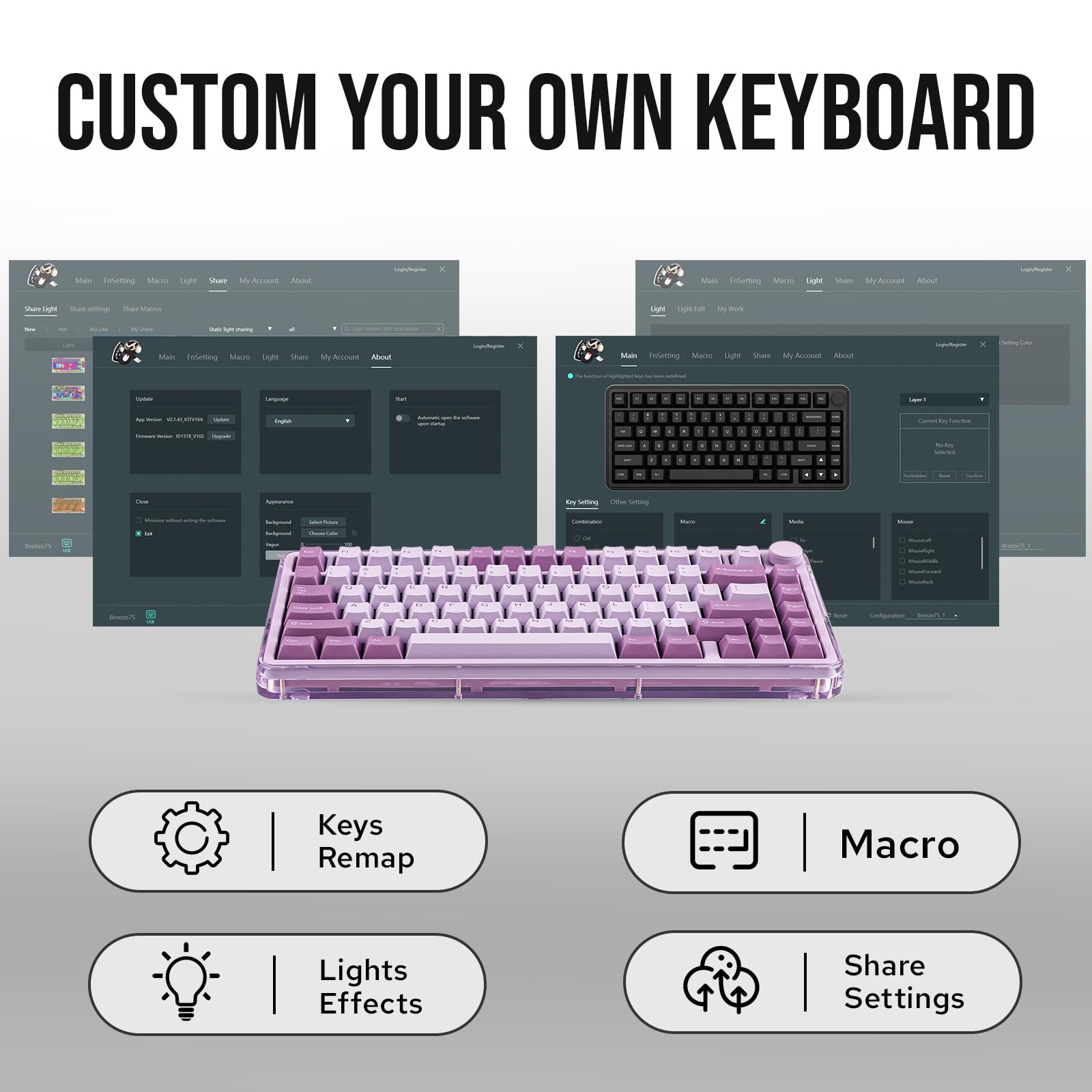 KiiBoom Breeze 75 Wireless Mechanical Keyboard - RGB, 8000mAh, for Gaming & Office (Purple)
