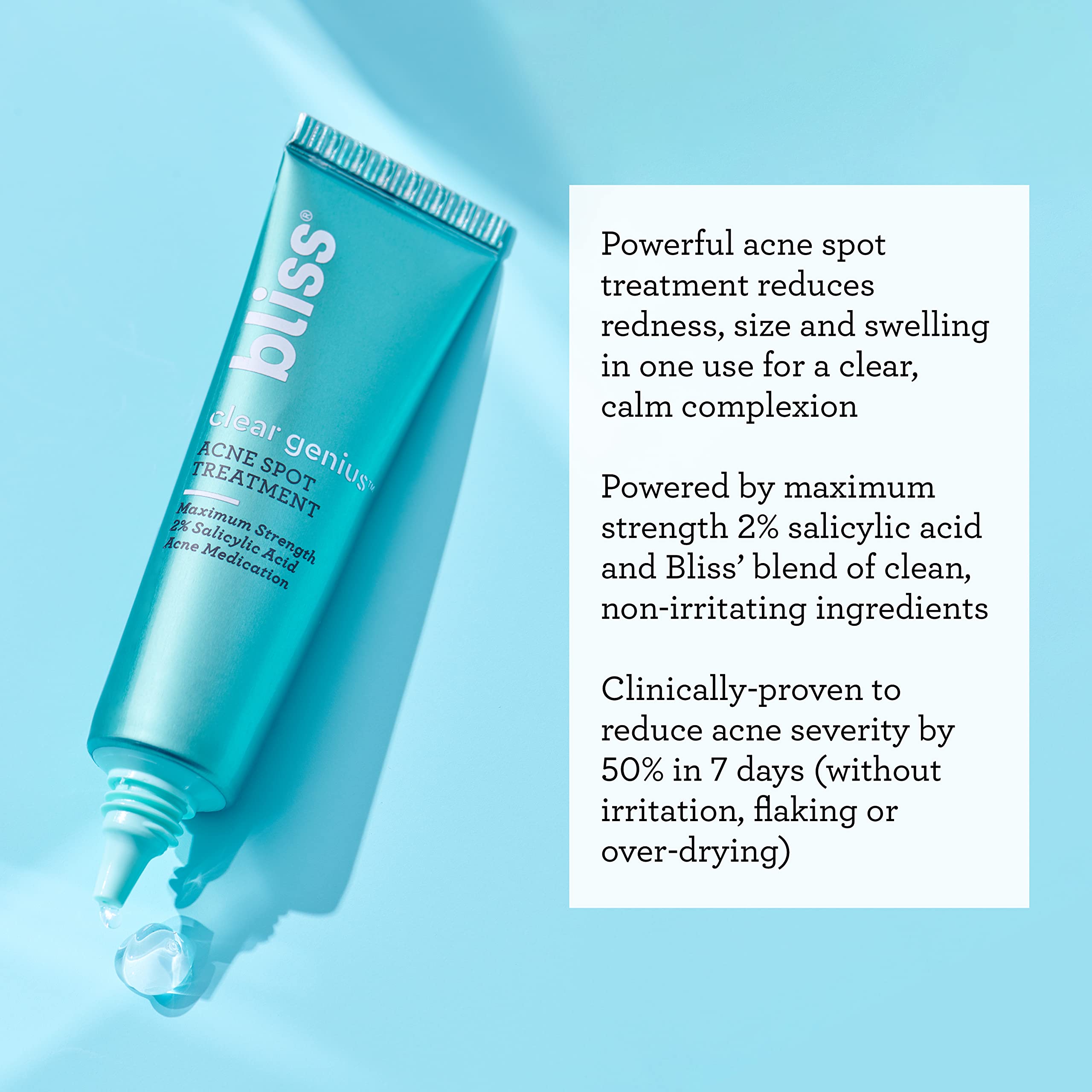 Bliss Clear Genius Acne Spot Treatment – 2% Salicylic Acid Maximum Strength for Blemish Reduction – Clean, Vegan & Cruelty-Free Formula (0.5 Fl Oz) | Perfect for Overnight Spot Treatment & Daily Acne Care