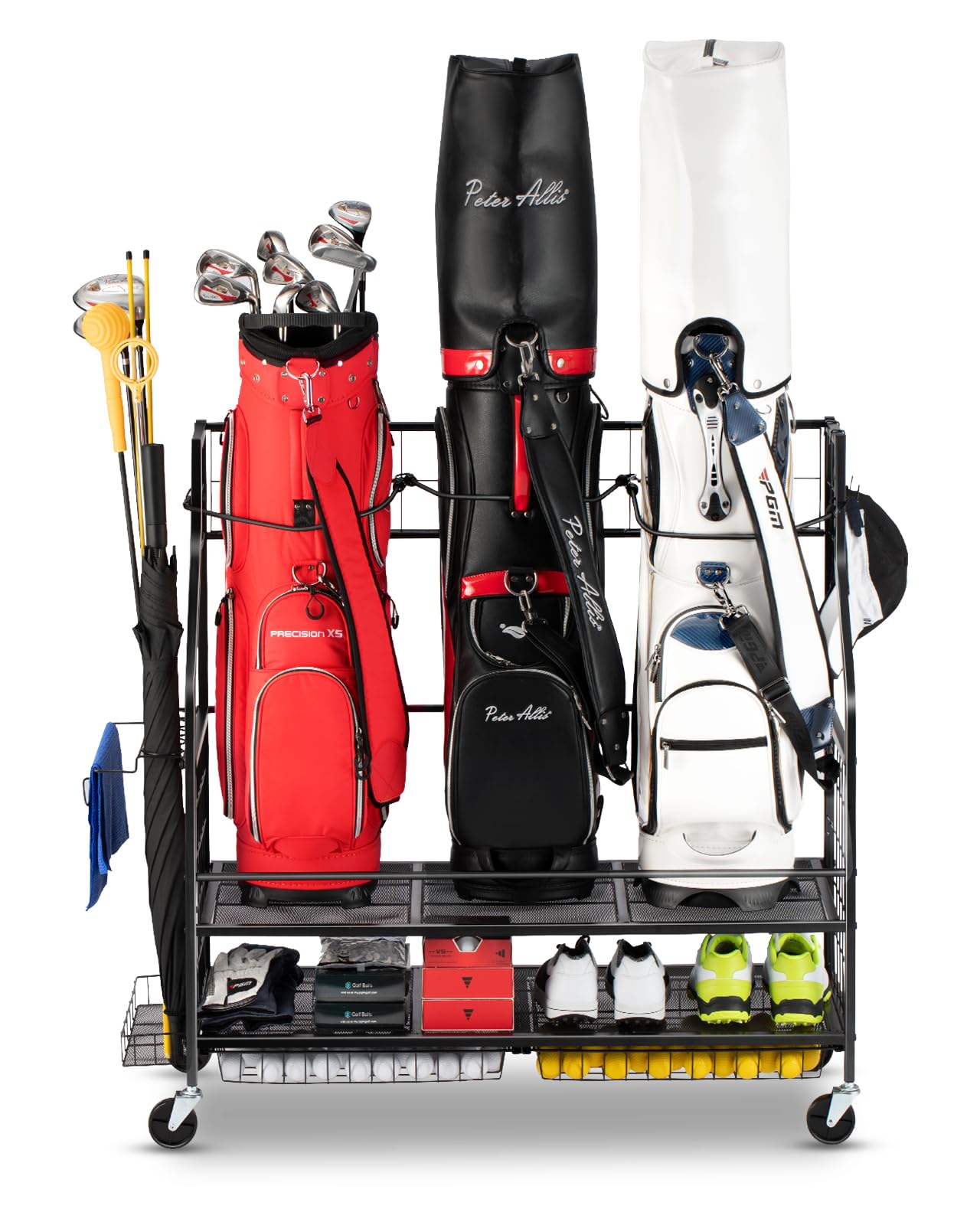 3 Golf Bag Storage Organizer with Wheels - Heavy Duty Golf Bag Stand Holds 3 Golf Bags, Clubs & Accessories - Portable Golf Equipment Rack for Garage, Basement, Shed & Club Storage (Ideal for Home & Golf Course Use)