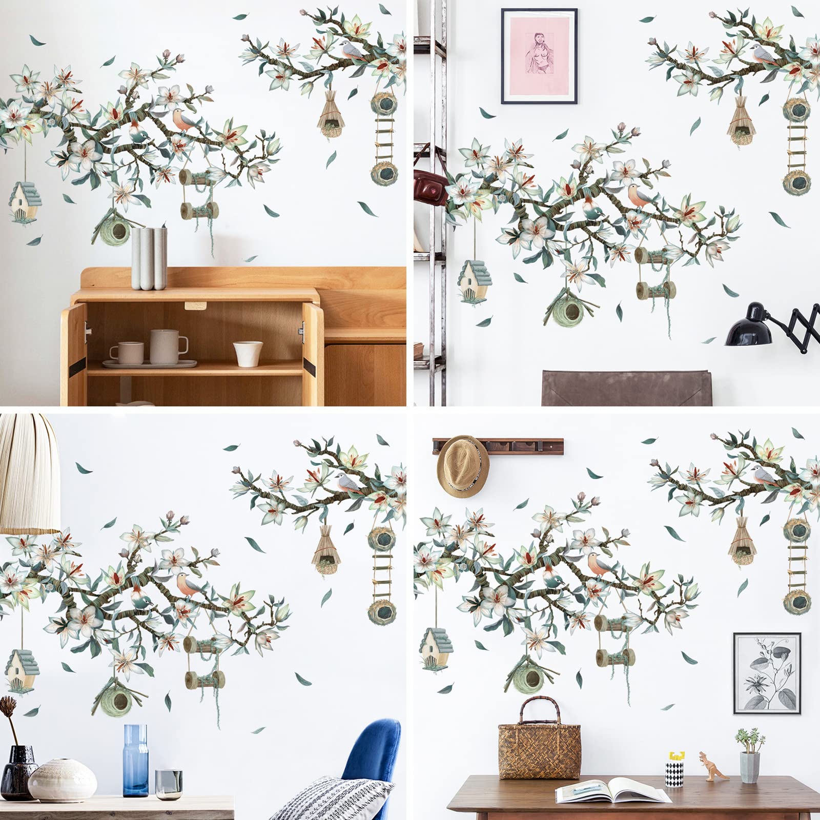 3D Magnolia Branch Wall Decals - DIY Removable Wall Stickers with Birdhouse & Flowers, Rustic Home Decor for Bedroom, Living Room, Nursery, Kitchen | Perfect for Girls Room, Farmhouse & Boho Style Interior Design