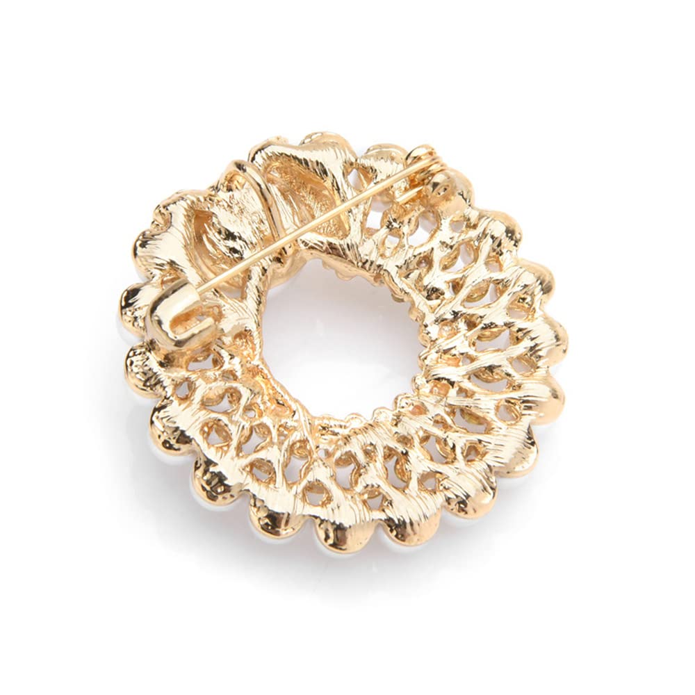 Elegant Rhinestone Shell Pearl Wreath Brooch - Wedding Corsage Pin, Silk Scarf Clip for Women & Girls - Crystal Round Lapel Pin, Delicate Dress Accessories - Perfect for Birthday, Christmas Party, Bridal Shower & Formal Events - Jewelry Gift Idea