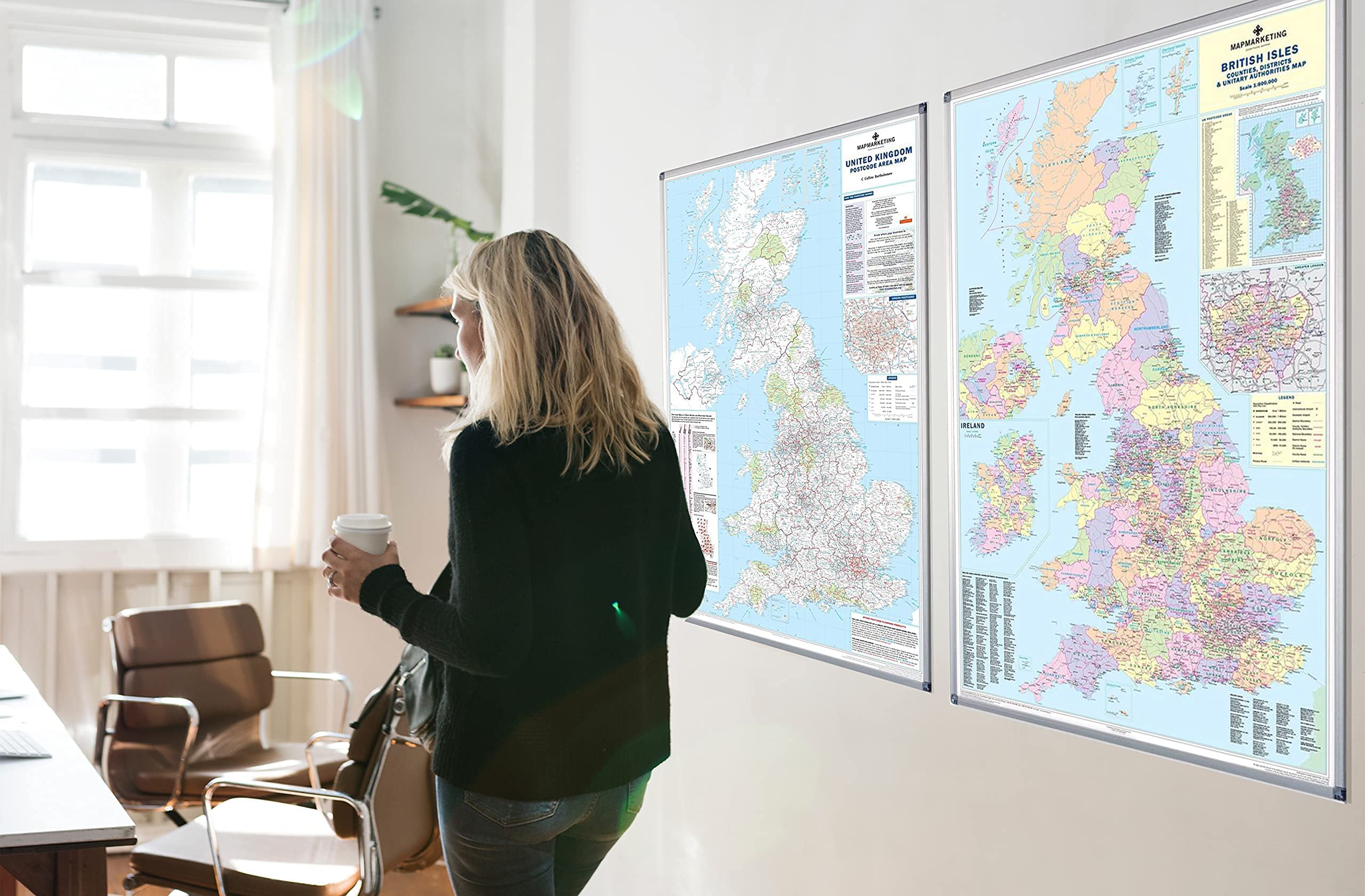 UK Wall Map - Laminated Large Detailed Map of England, Scotland, Wales & Northern Ireland with Counties, Districts & Unitary Authorities | Includes Road Networks, Postcode Areas, London Boroughs & Population Data | Perfect for Home Decor, Classroom Education & Office Planning