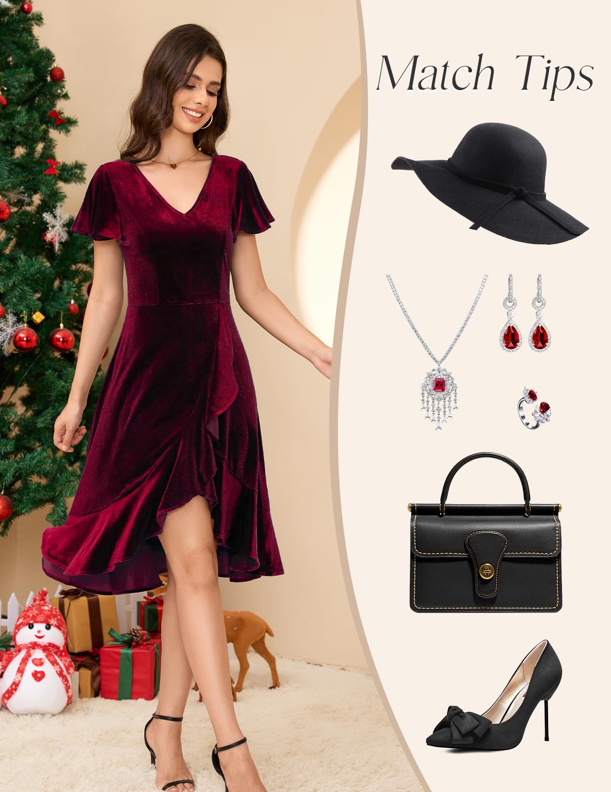 DRESSTELLS Women's Velvet Cocktail Dress 2024 | Elegant V-Neck Formal Gown for Christmas, Wedding Guest & Holiday Parties | Winter Evening Wear for Special Occasions