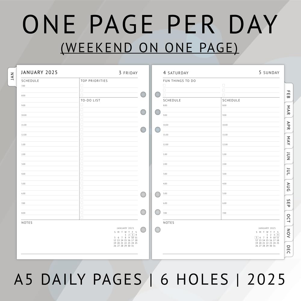 Newestor 2025 Daily Planner Refills A5 Size - Filofax Compatible Organizer with Day Appointment Schedule, To-Do List & Monthly Tabs | 6-Hole Punched for Personal & Office Productivity | Perfect for Business Professionals, Students & Home Organization
