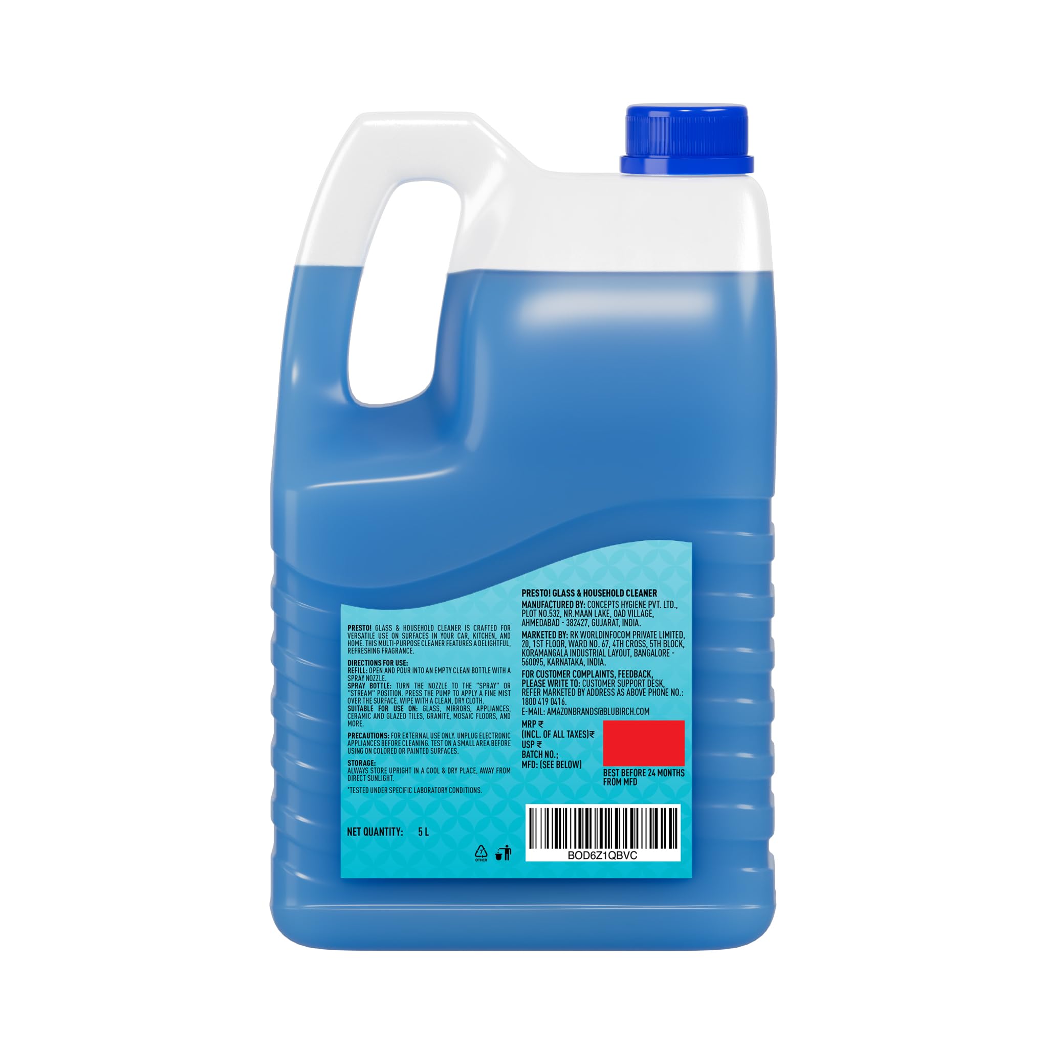 Presto! Multipurpose Glass & Household Cleaner - 5 Liter | Streak-Free Formula for Windows, Mirrors, Cars, Kitchen Pantry & Tables | Safe for All Surfaces | Ideal for Home, Office & Auto Cleaning