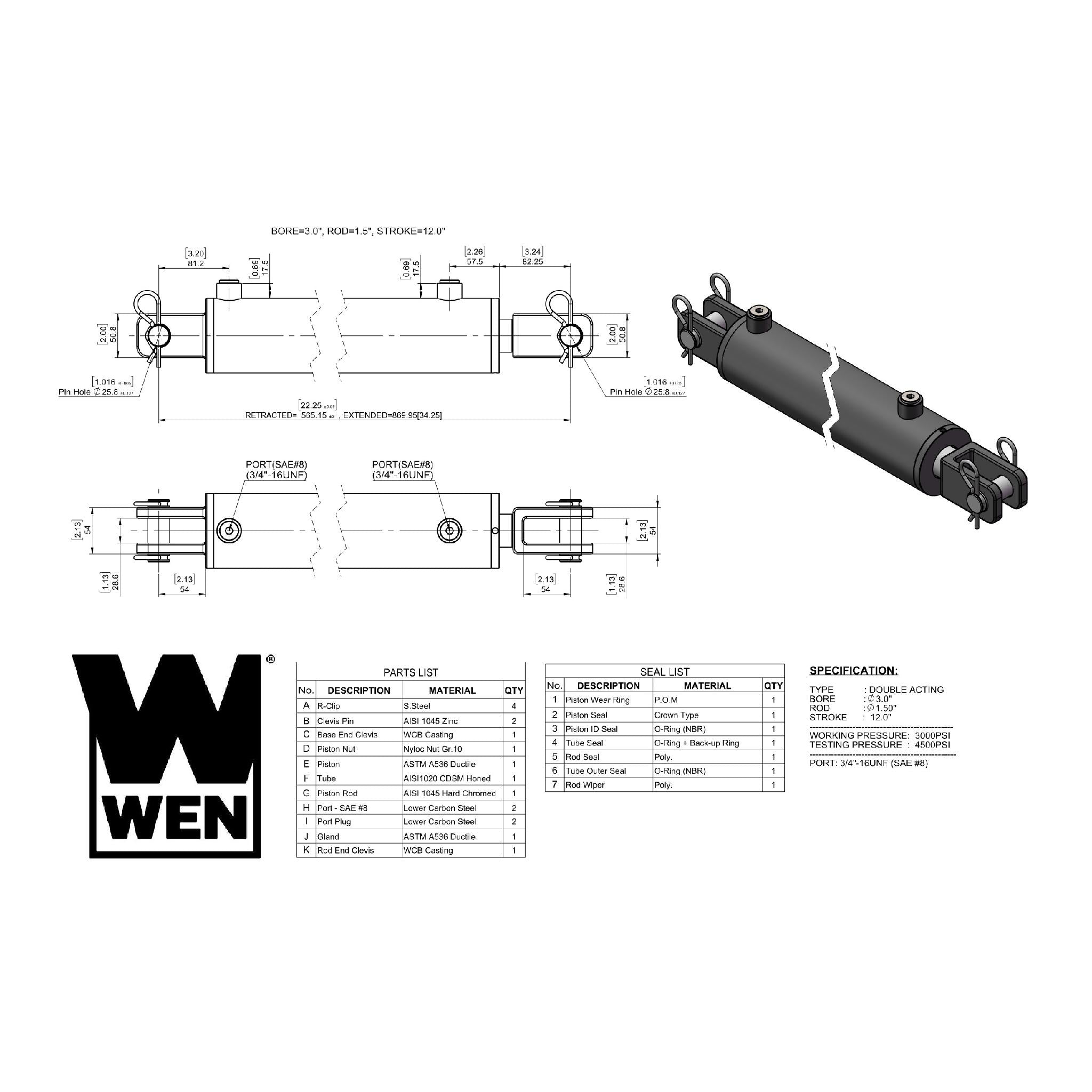 WEN CC3012 Clevis Hydraulic Cylinder - 3 Inch Bore, 12 Inch Stroke for Heavy-Duty Industrial Equipment, Construction Machinery, and Agricultural Applications