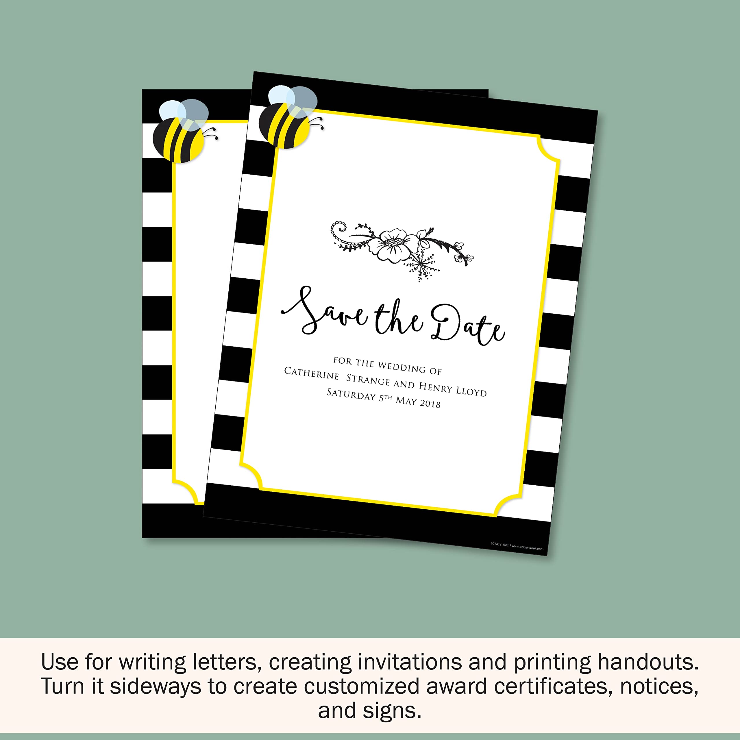 Barker Creek Designer Computer Paper - Wide Stripes With Bee Pattern, 8.5” x 11” Decorative Printer Paper for Home, School & Office, 50 Sheets per Pack - Perfect for Craft Projects, Scrapbooking & Creative Stationery