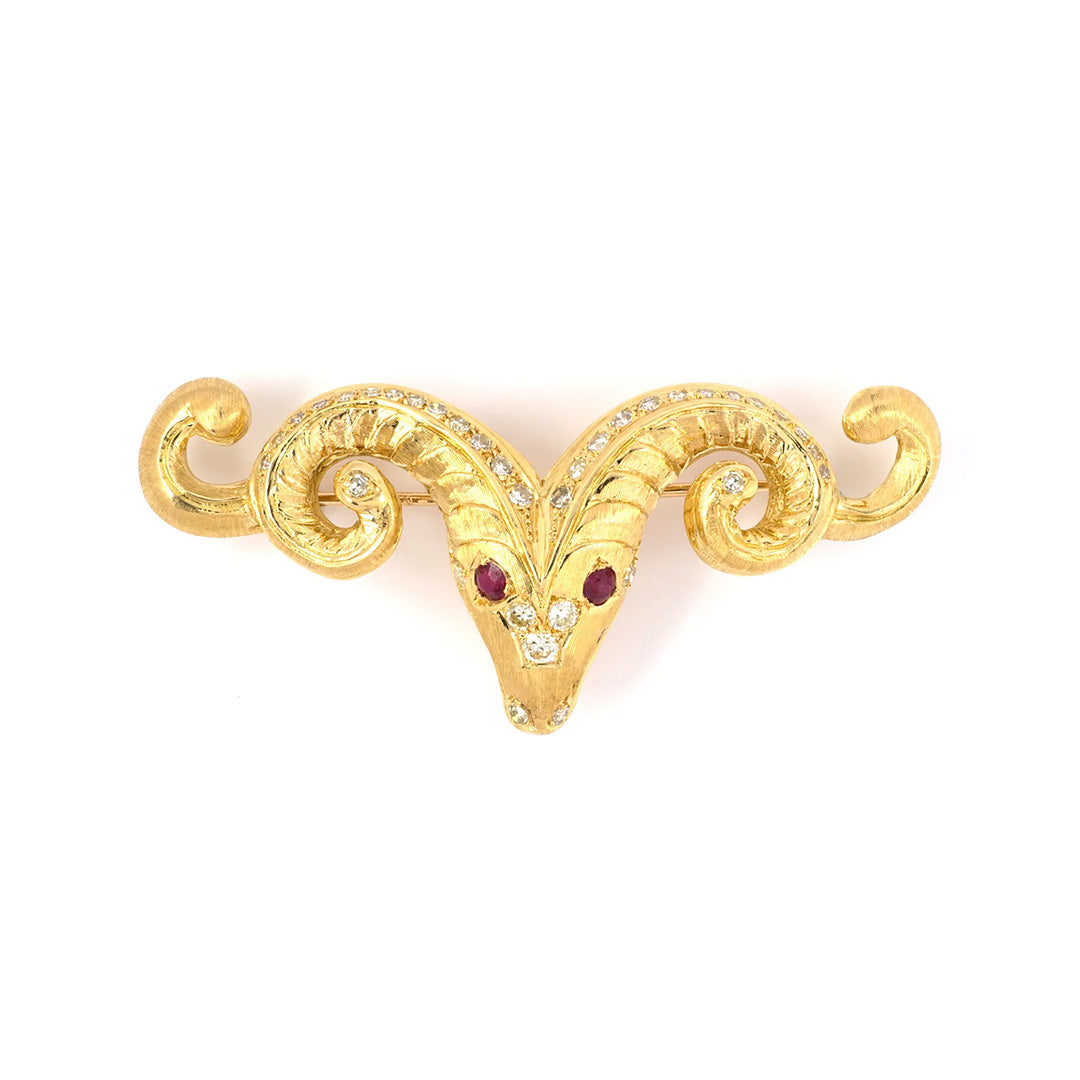 Exquisite Lalaounis Diamond & Ruby Ram's Head Brooch Pin - Vintage Greek Jewelry for Women - Perfect for Formal Events, Gift Giving & Luxury Collectors