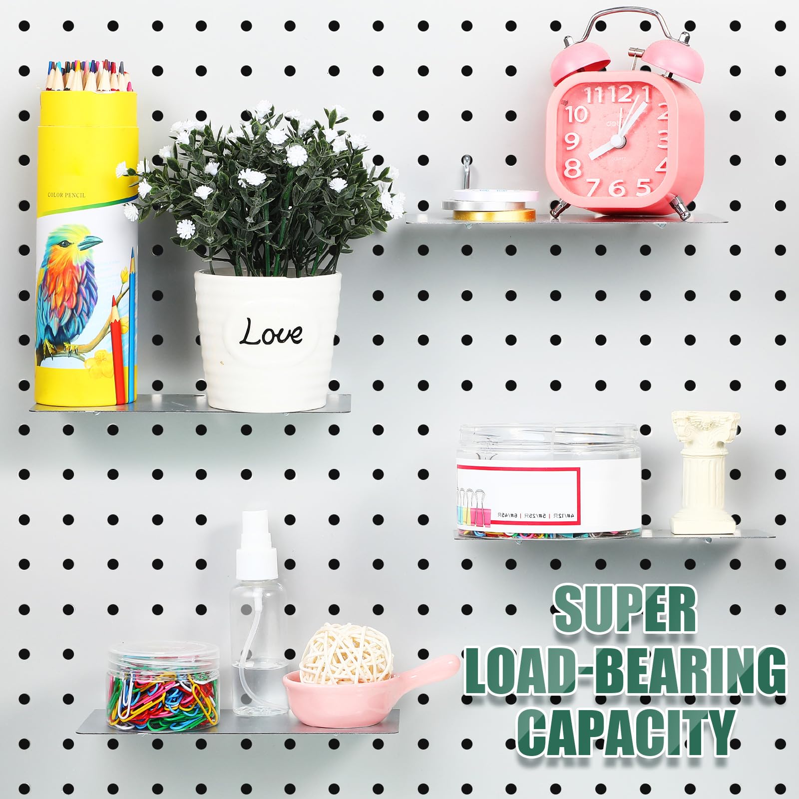 Funrous 4 Pack Silver Pegboard Shelves (10x4 Inch) - Heavy Duty Steel Wall Organizer Brackets & Tray for Craft Room, Garage, Kitchen, Nursery & Workbench | Space Saving Storage Solution for Tools & Supplies
