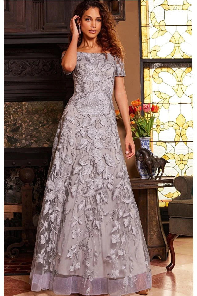 Jovani 09810 Grey Short Sleeve A-Line Evening Gown for Women - Elegant Formal Dress for Prom, Cocktail Party & Special Occasions