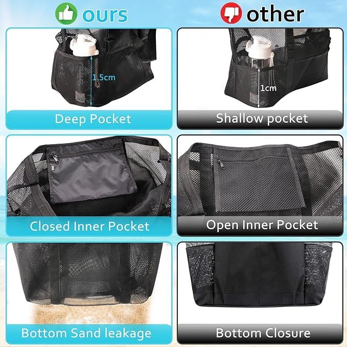 HirTa Gab Mesh Tote Hobo Beach Bag for Women - Sandproof, Durable with Multiple Pockets - Stylish Shopping & Pool Bag for Swimming, Travel & Daily Use - Mesh Black - Perfect for Beach Outings, Gym Visits and Summer Vacations