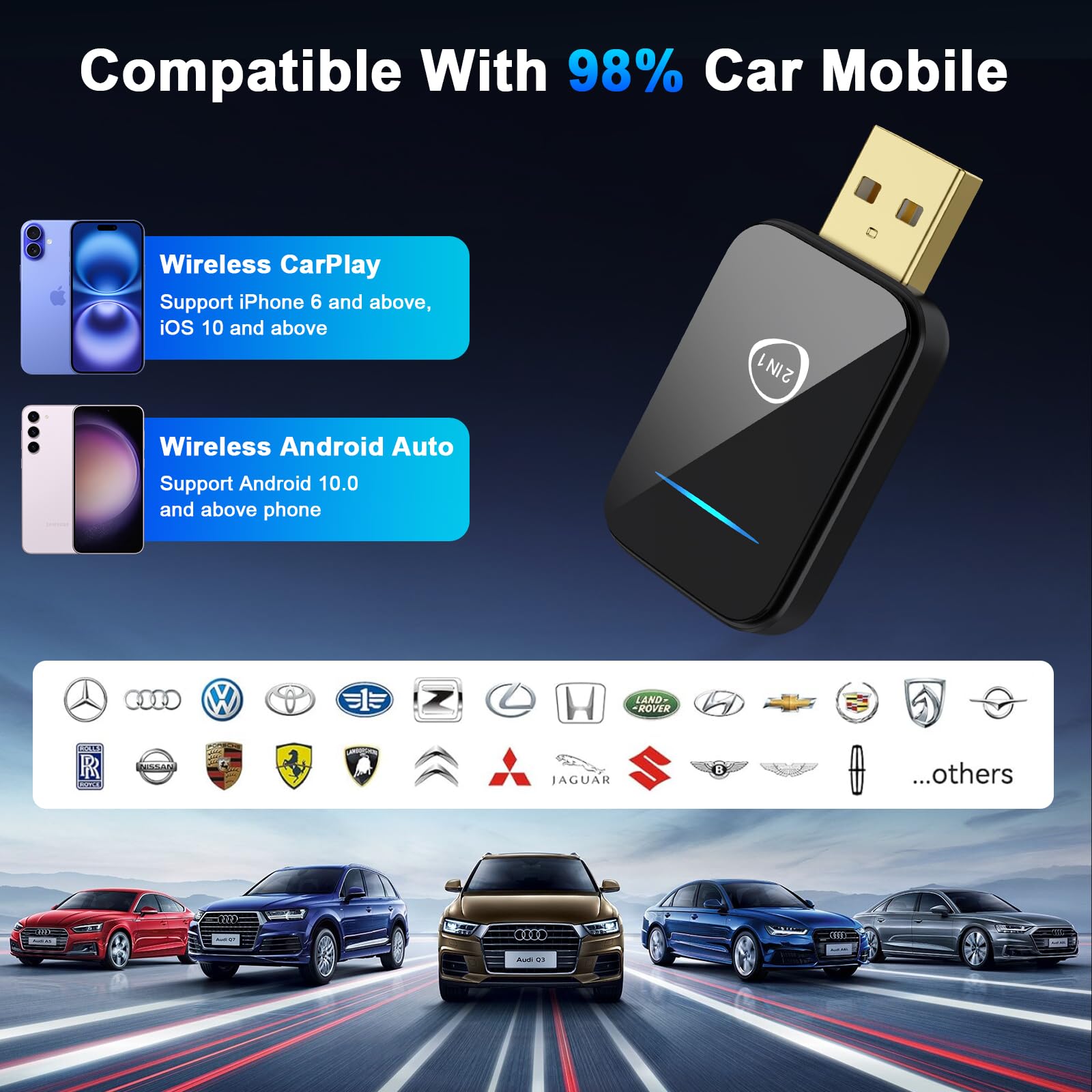 Wireless CarPlay Adapter & Android Auto Dongle for iPhone & Android - 2025 Upgrade to Convert Wired to Wireless, Compatible with OEM CarPlay Cars 2016+, Auto Connect - Perfect for Commuting, Road Trips & Hands-Free Driving