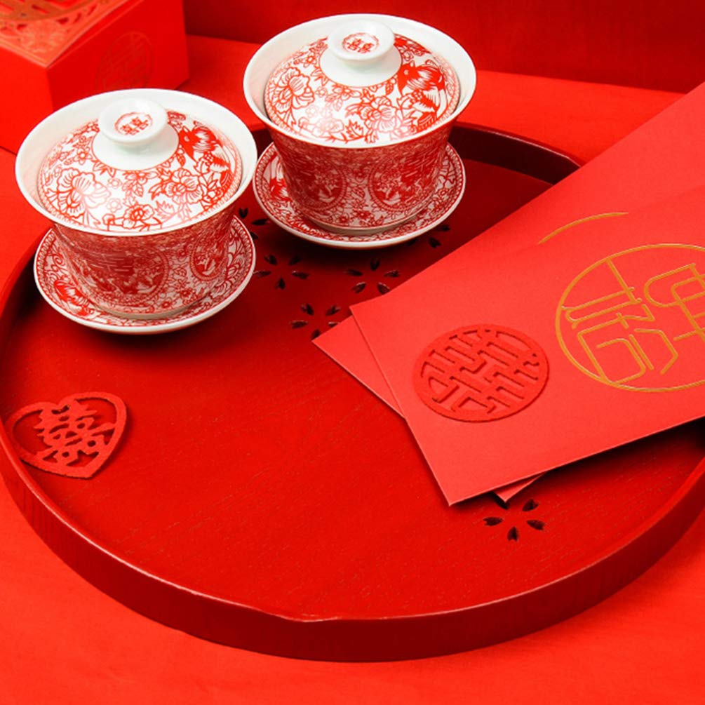 Amosfun Red Wooden Tea Tray Set - Traditional Chinese Wedding Serving Tray for Coffee, Tea & Home Decor - Perfect for Wedding Centerpieces, Bridal Showers & Home Decoration (Red)