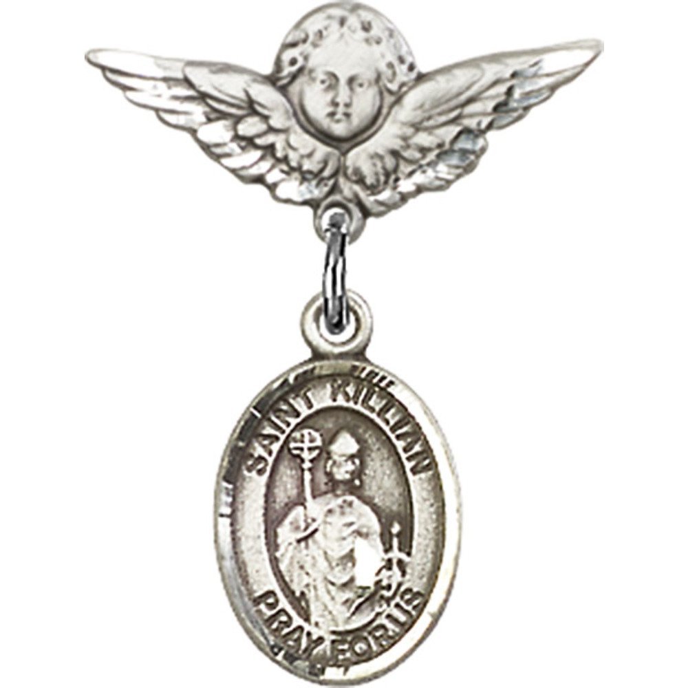St. Kilian Sterling Silver Baby Badge with Angel Wing Charm - 7/8 X 3/4 Inch Religious Pin for Christening, Baptism & First Communion Gifts