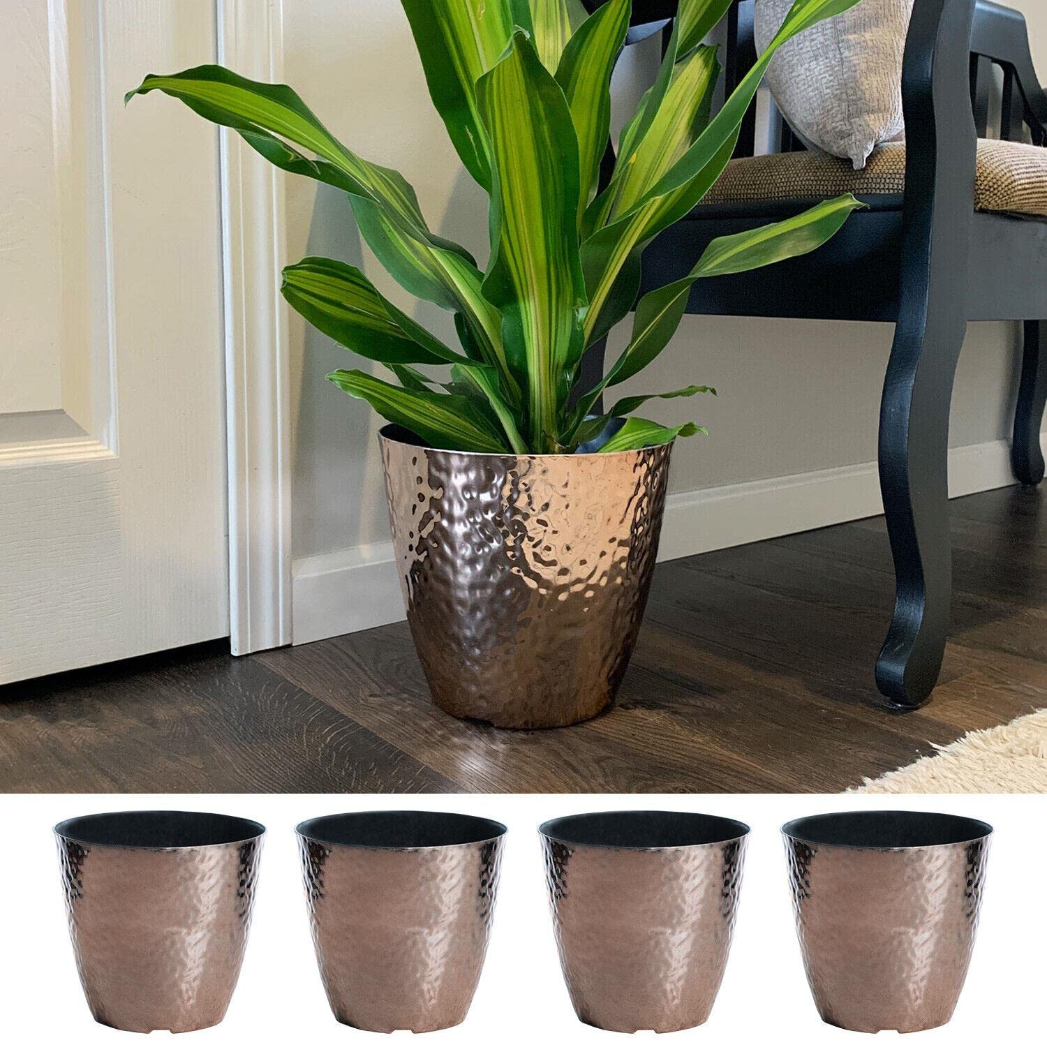 10-inch Copper Metallic Hammered Plastic Flower Pot - Indoor & Outdoor Garden Planter for Plants, Flowers, Succulents - Perfect for Porch, Patio, Balcony, and Home Decor