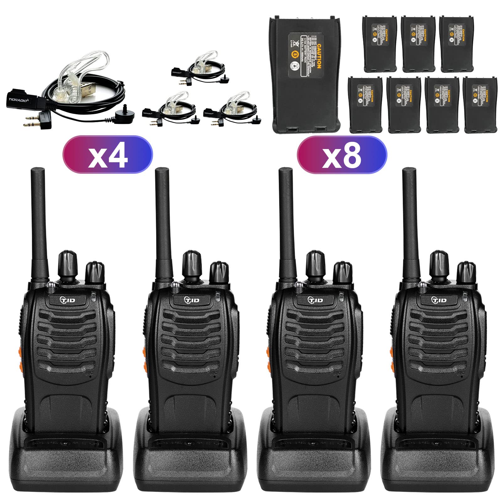 TID TD-V2 Long Range Walkie Talkies for Adults - 2 Way Radios with Earpiece, Rechargeable Battery & Flashlight (4 Pack) - Perfect for Business Communication, Outdoor Adventures & Family Activities