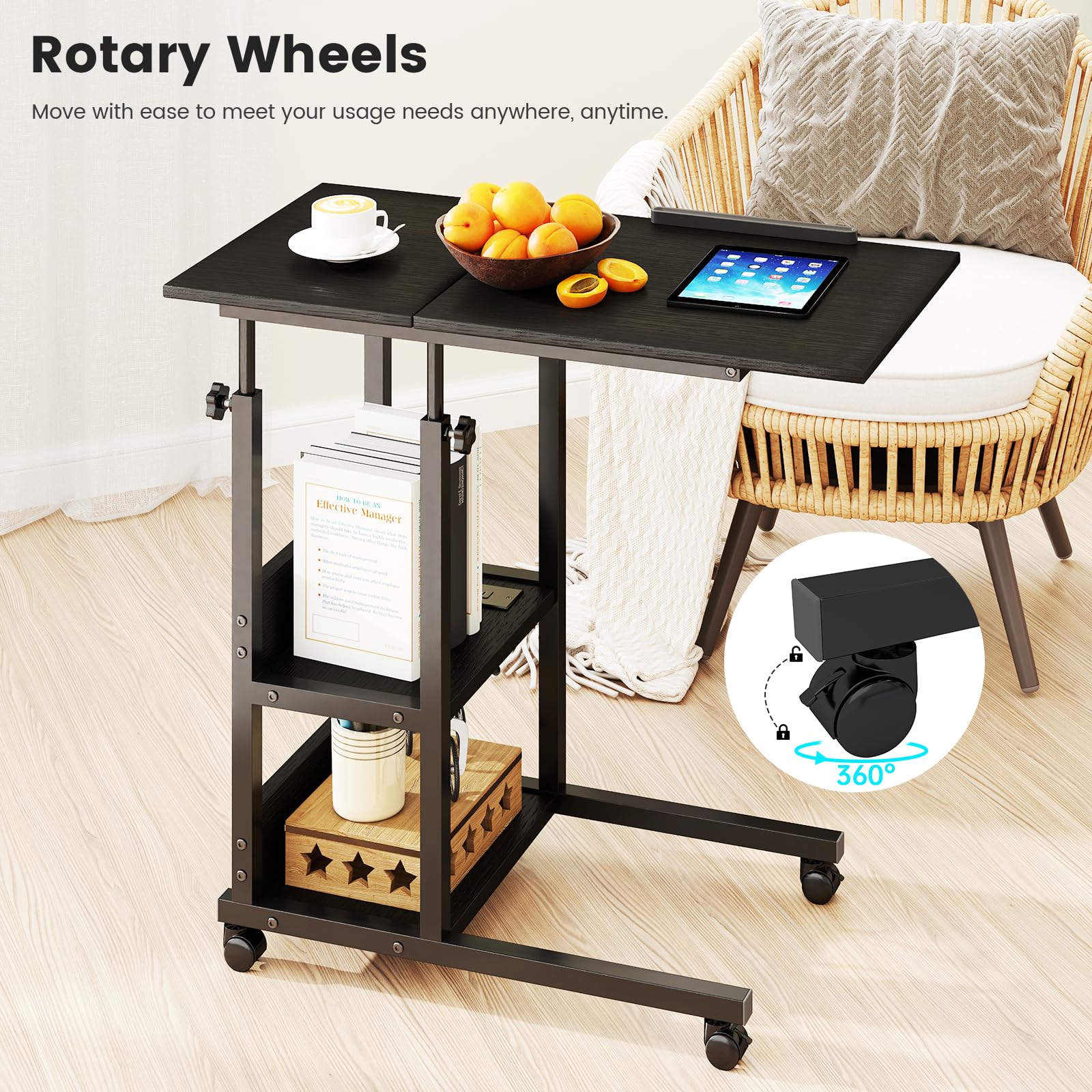 Hadulcet Adjustable C-Shaped Side Table with USB Charging Station - Mobile Overbed Table with Wheels & Height Adjustment - Perfect for Living Room, Bedroom, Hospital Use - Ideal as Laptop Stand, Drawing Desk, or Bedside Table (Black)
